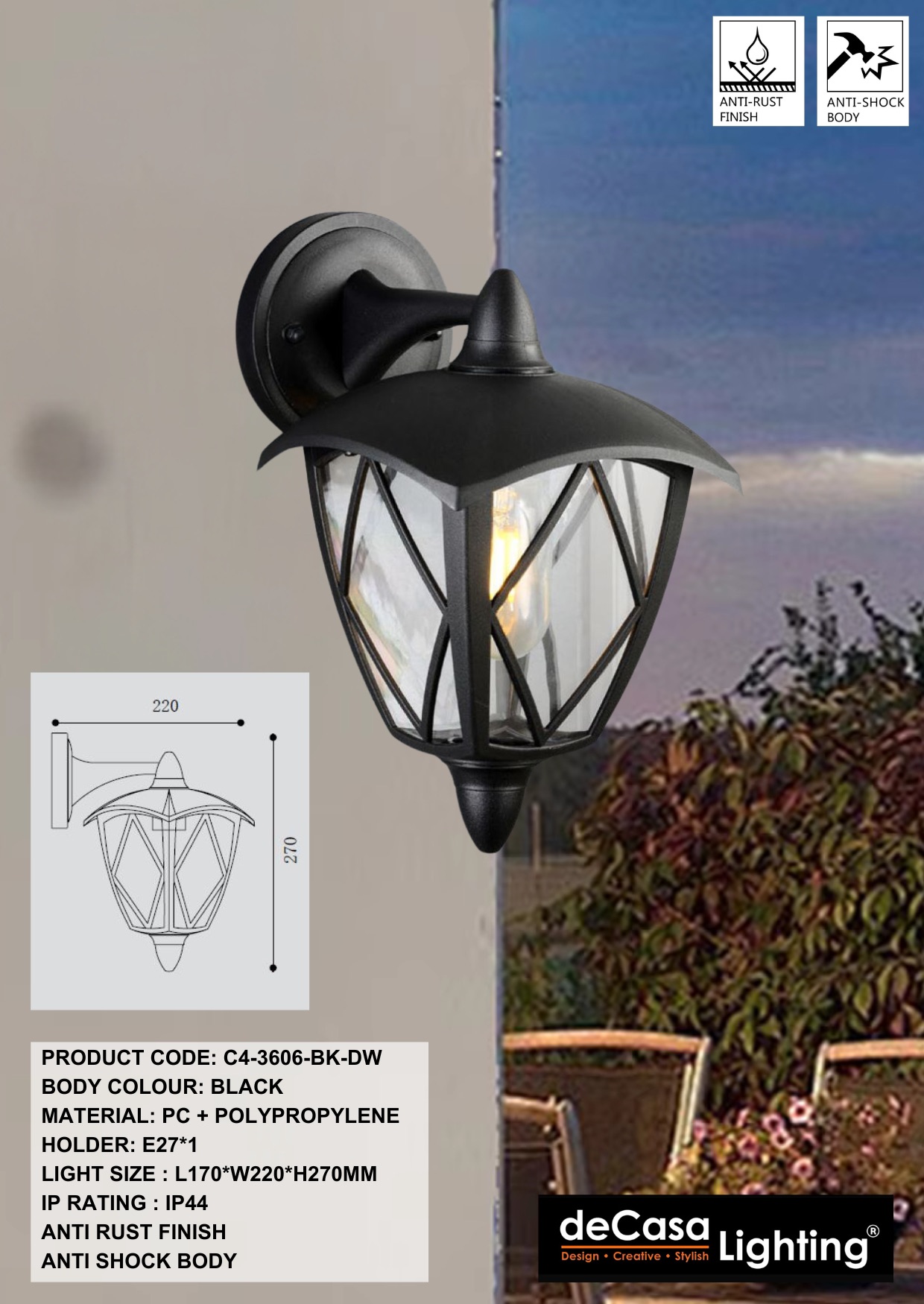 ANTI RUST CLASSIC OUTDOOR WALL LIGHT (3606-BK-DW)