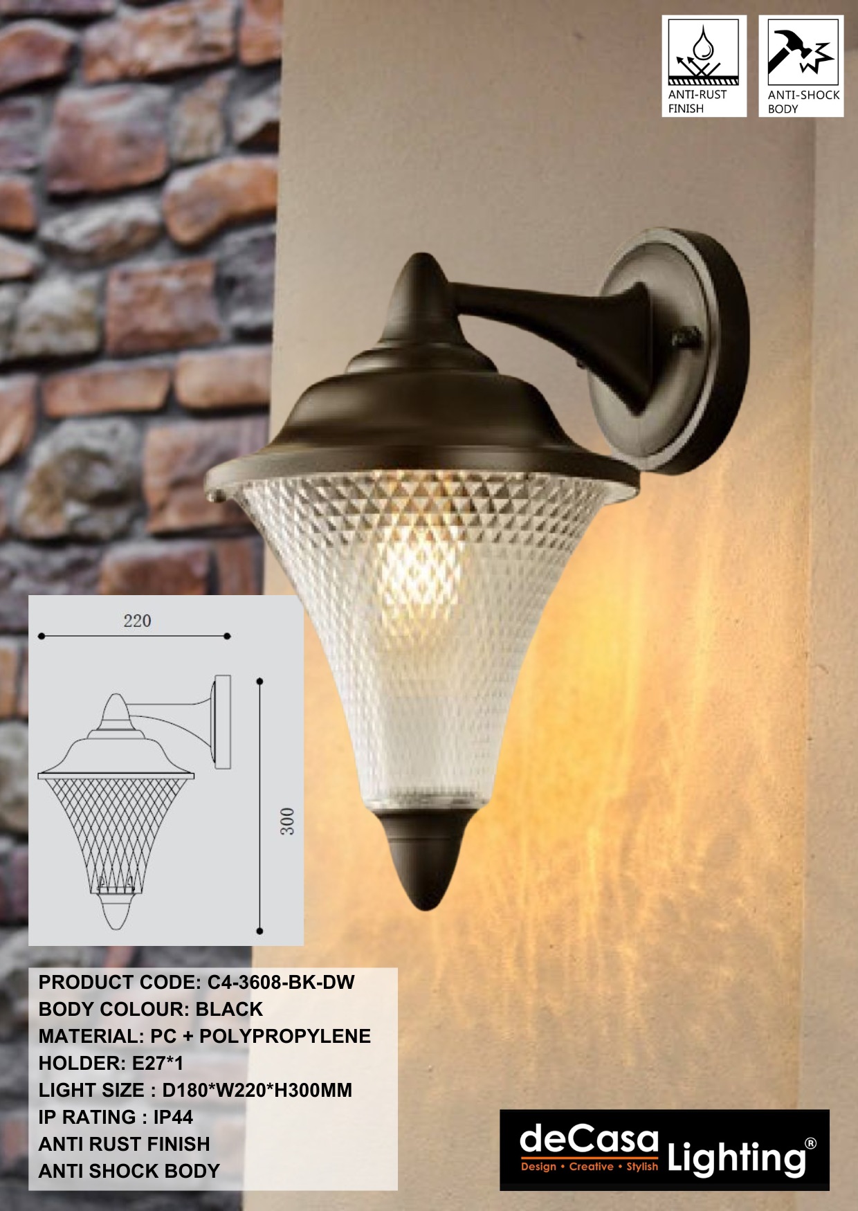ANTI RUST CLASSIC OUTDOOR WALL LIGHT (3608-BK-DW)