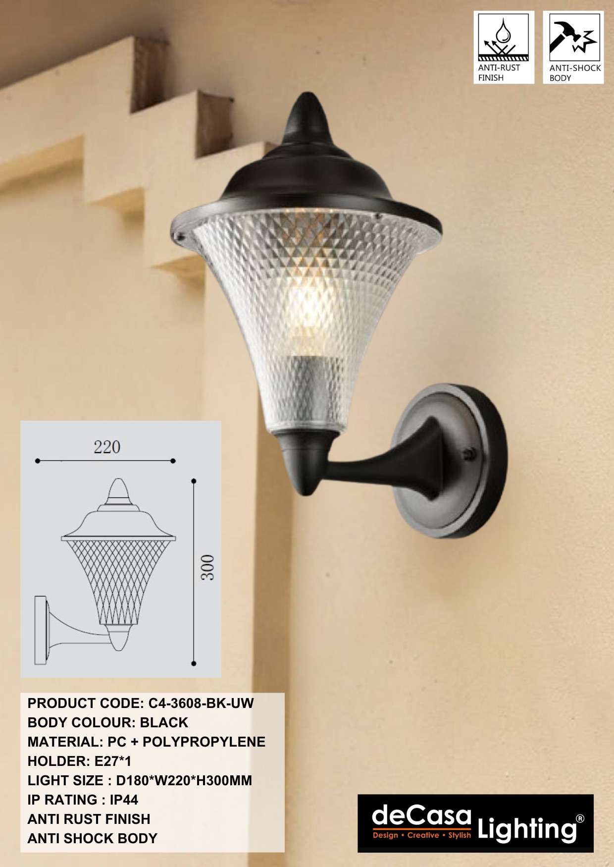 ANTI RUST CLASSIC OUTDOOR WALL LIGHT (3608-BK-UW)