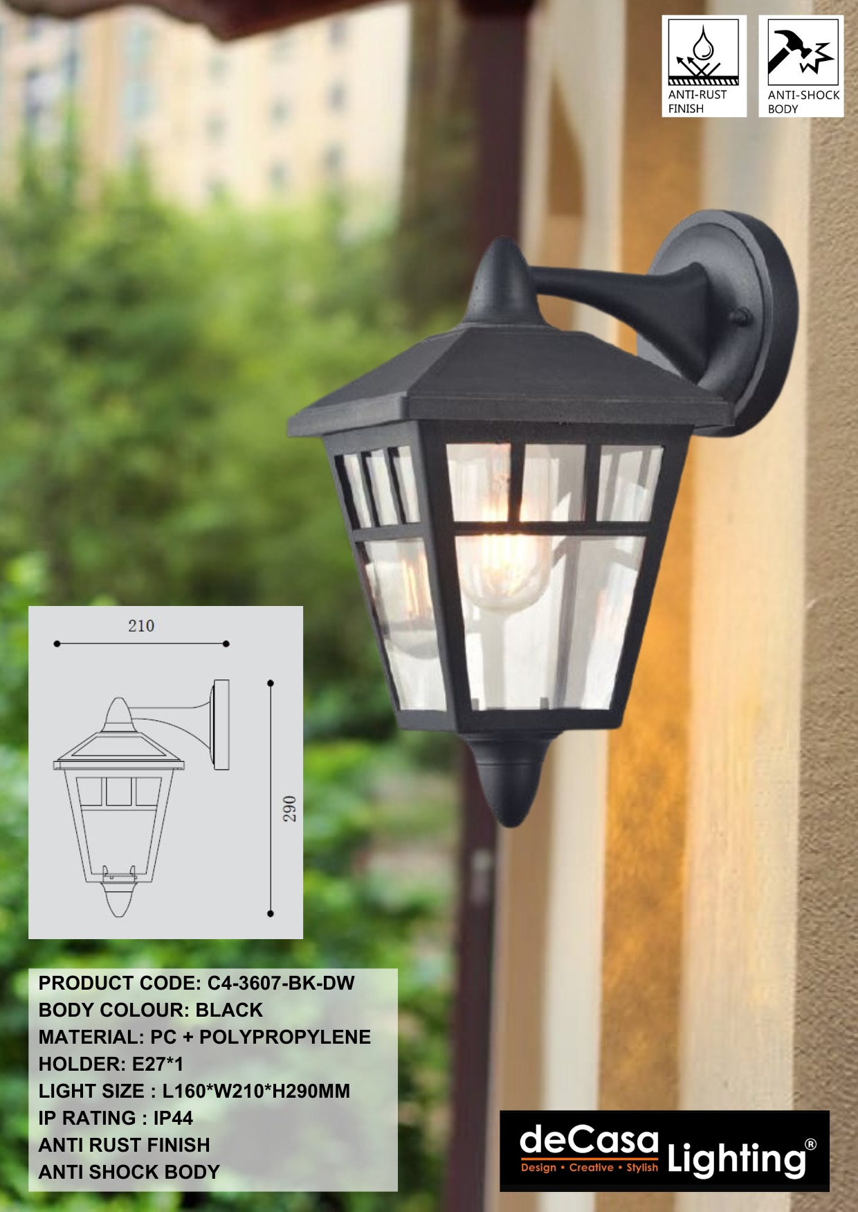 ANTI RUST CLASSIC OUTDOOR WALL LIGHT (3607-BK-DW)