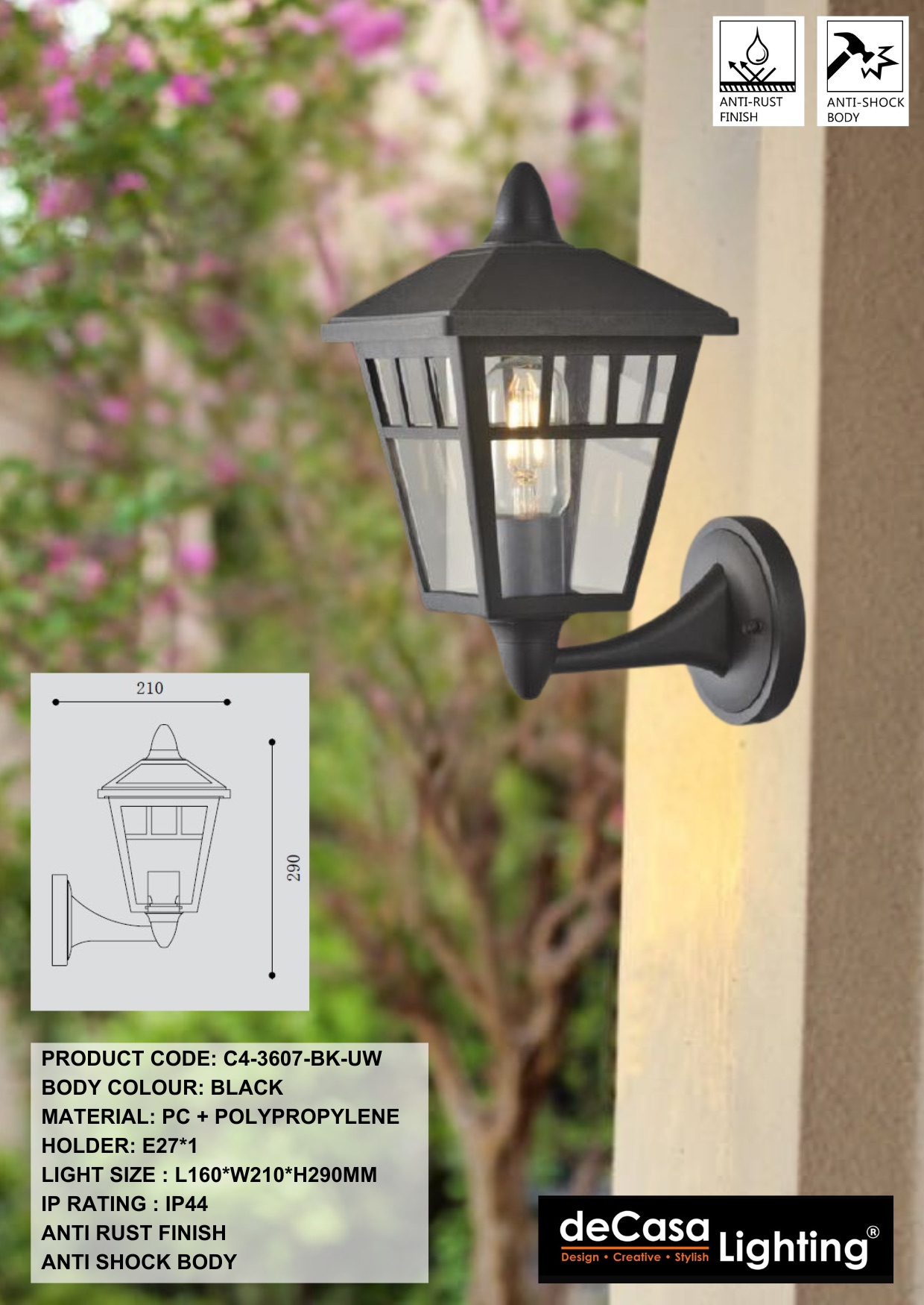 ANTI RUST CLASSIC OUTDOOR WALL LIGHT (3607-BK-UW)
