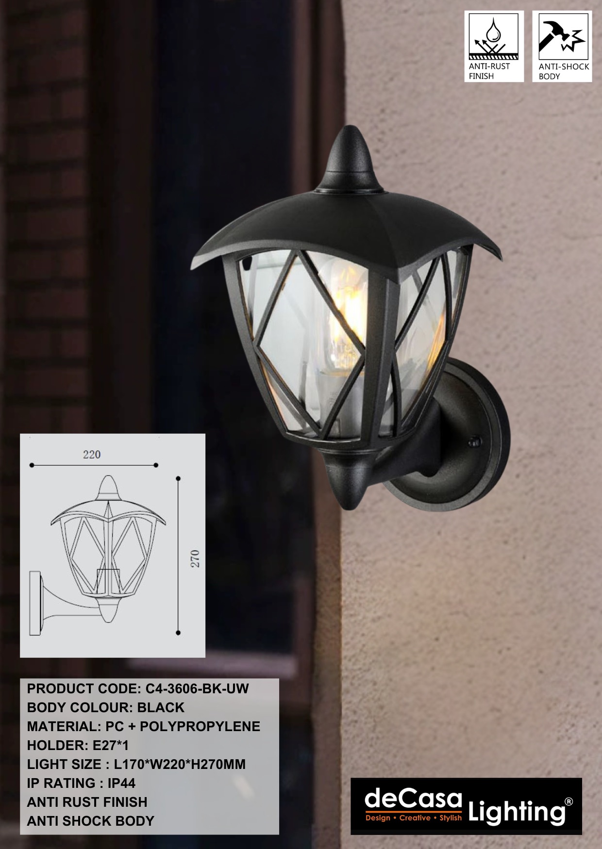ANTI RUST CLASSIC OUTDOOR WALL LIGHT (3606-BK-UW)