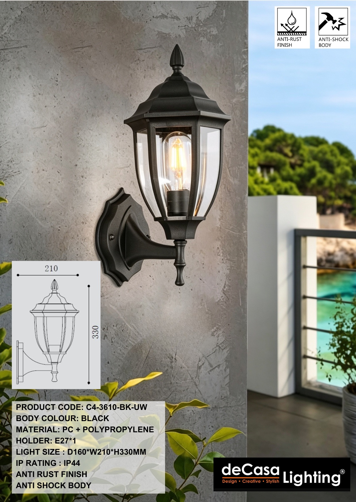 ANTI RUST CLASSIC OUTDOOR WALL LIGHT (3610-BK-UW)