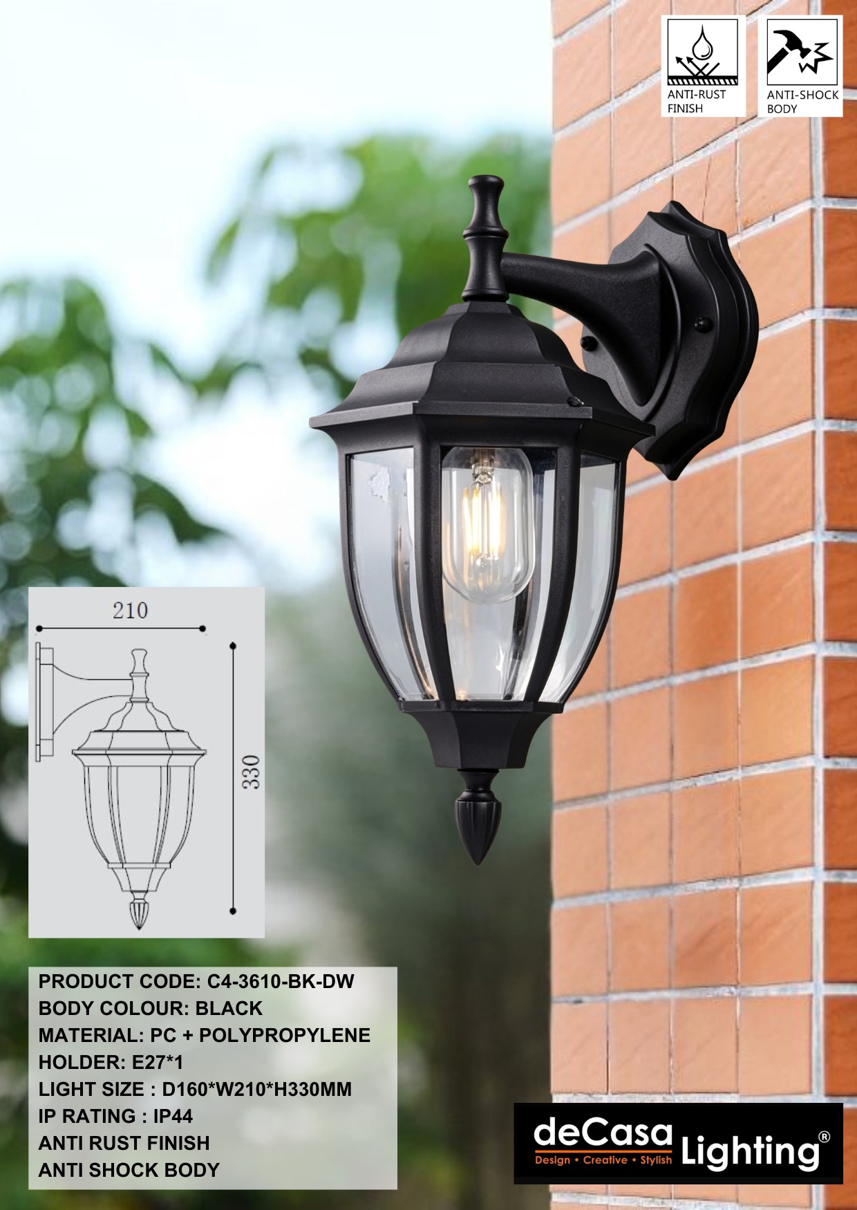 ANTI RUST CLASSIC OUTDOOR WALL LIGHT (3610-BK-DW)