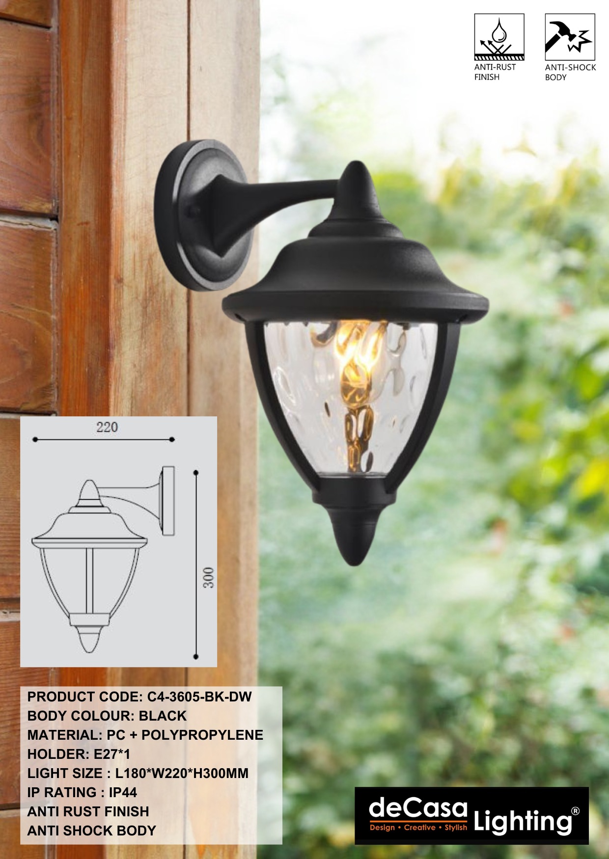 ANTI RUST CLASSIC OUTDOOR WALL LIGHT (3605-BK-DW)