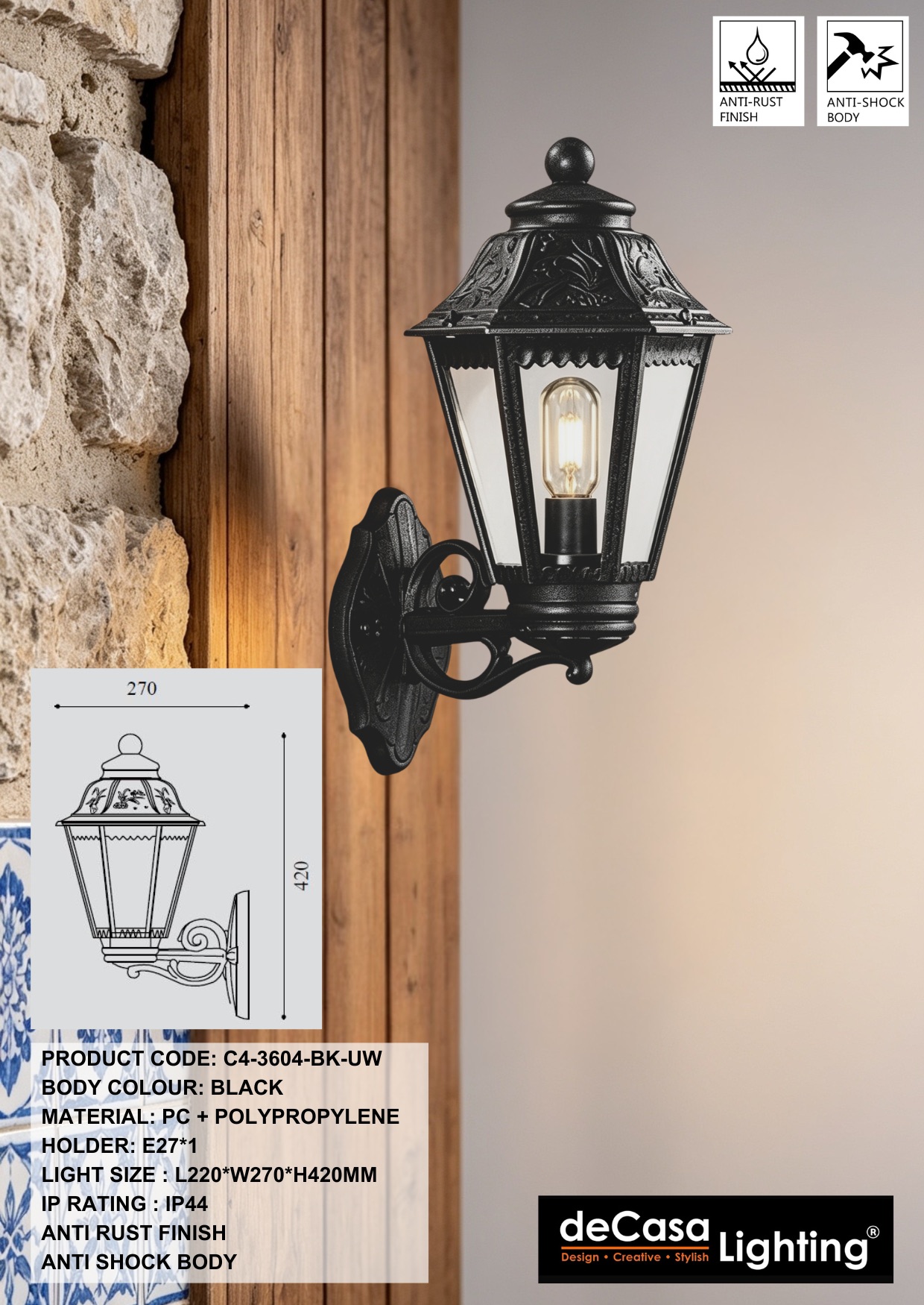 CLASSIC OUTDOOR WALL LIGHT - ANTI RUST (3604-BK-UW)