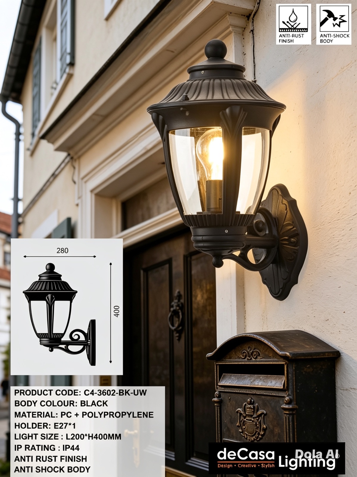 CLASSIC OUTDOOR WALL LIGHT - ANTI RUST (3602-BK-UW)