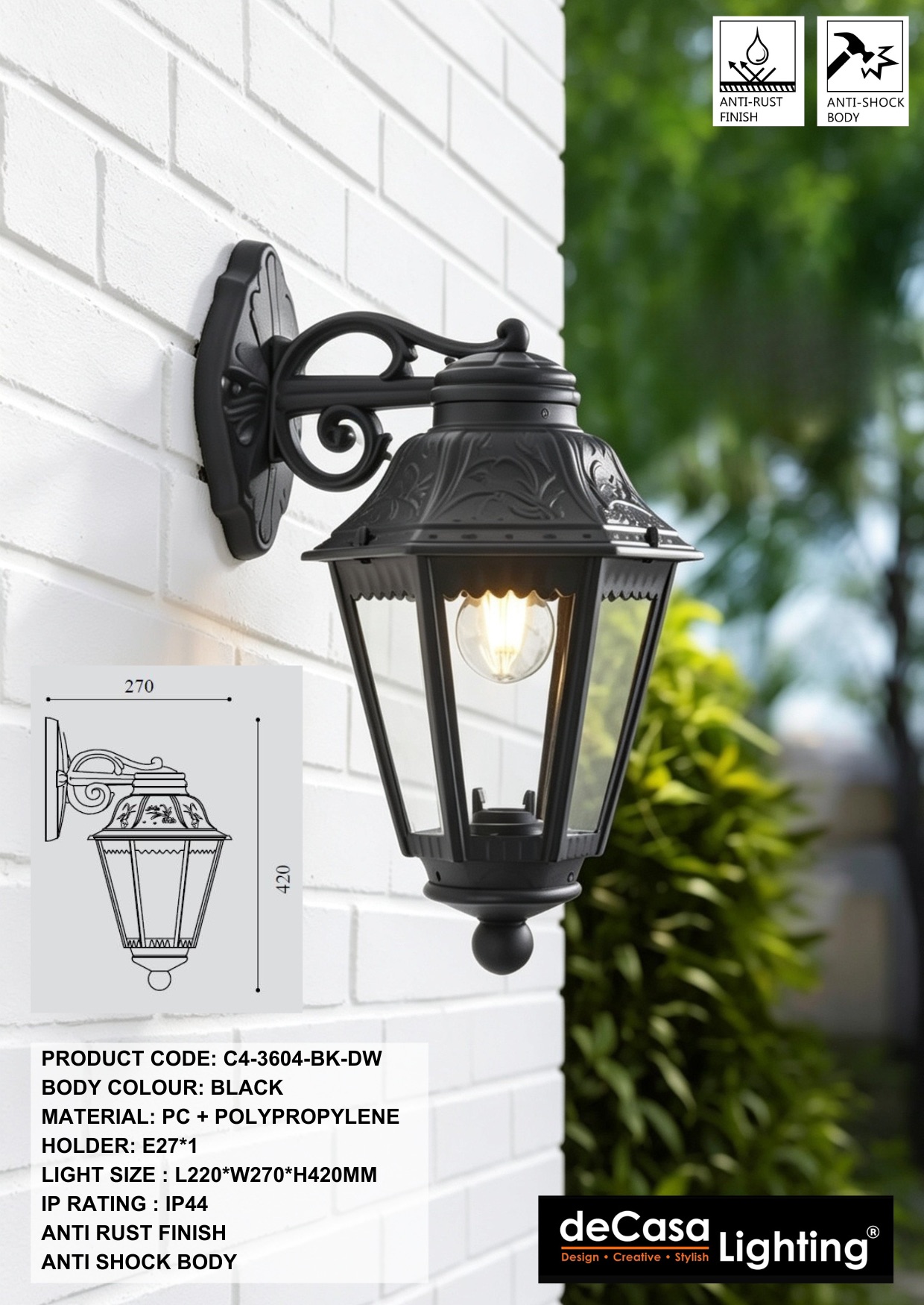 CLASSIC OUTDOOR WALL LIGHT - ANTI RUST (3604-BK-DW)