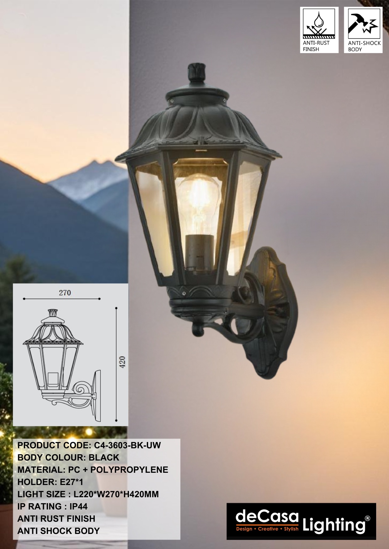 CLASSIC OUTDOOR WALL LIGHT - ANTI RUST (3603-BK-UW)