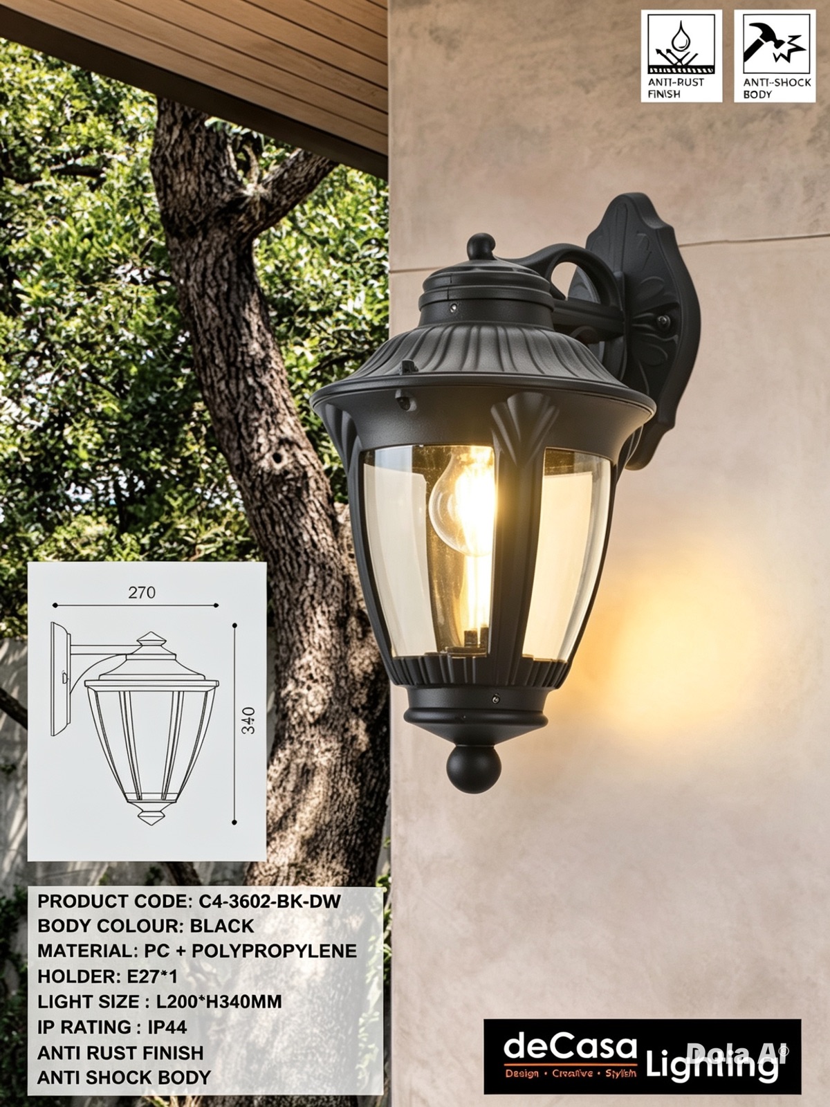 CLASSIC OUTDOOR WALL LIGHT - ANTI RUST (3602-BK-DW)