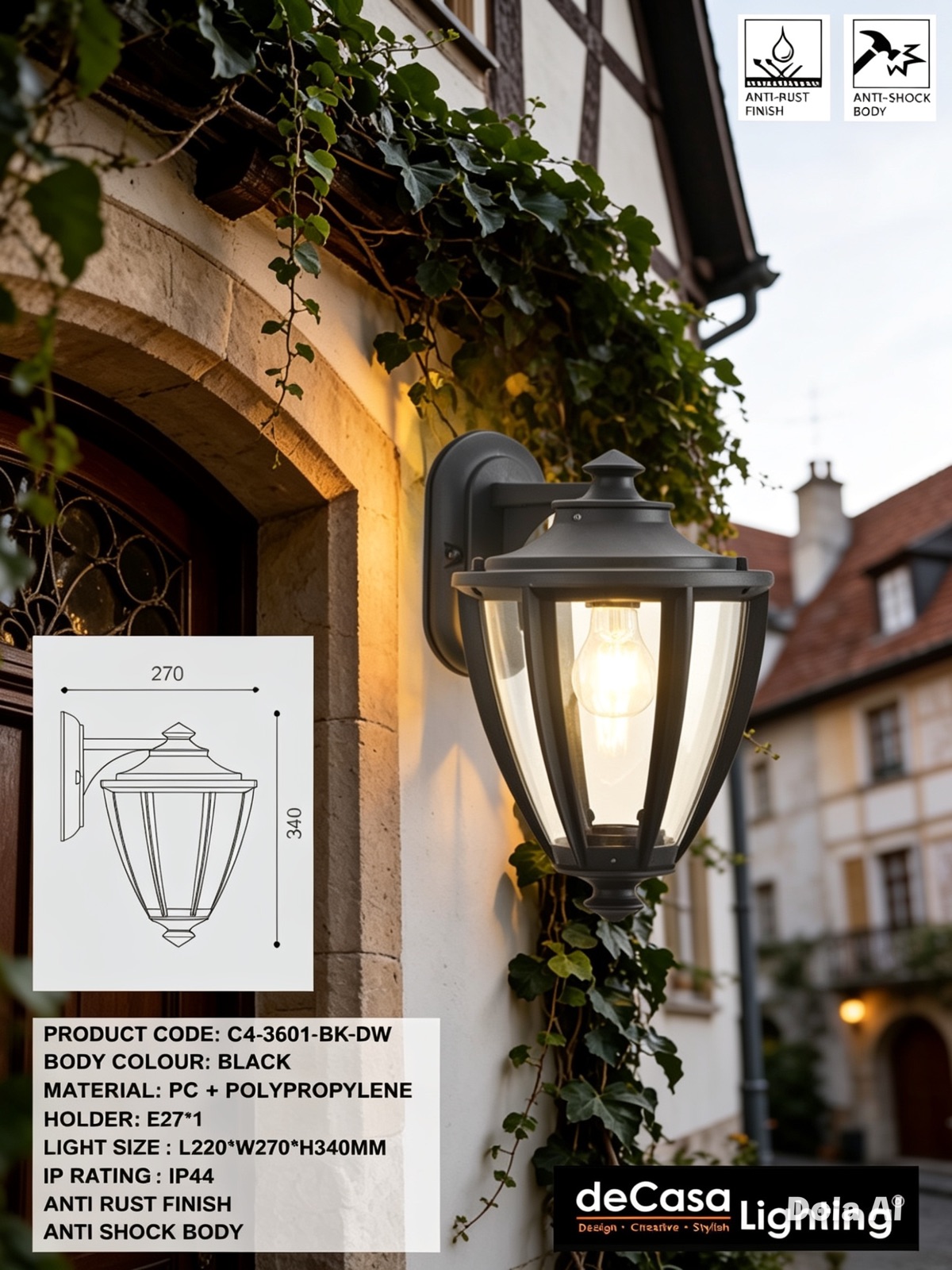 CLASSIC OUTDOOR WALL LIGHT - ANTI RUST (3601-BK-DW)