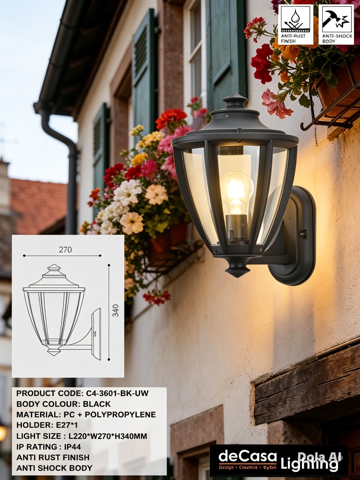CLASSIC OUTDOOR WALL LIGHT - ANTI RUST (3601-BK-UW)