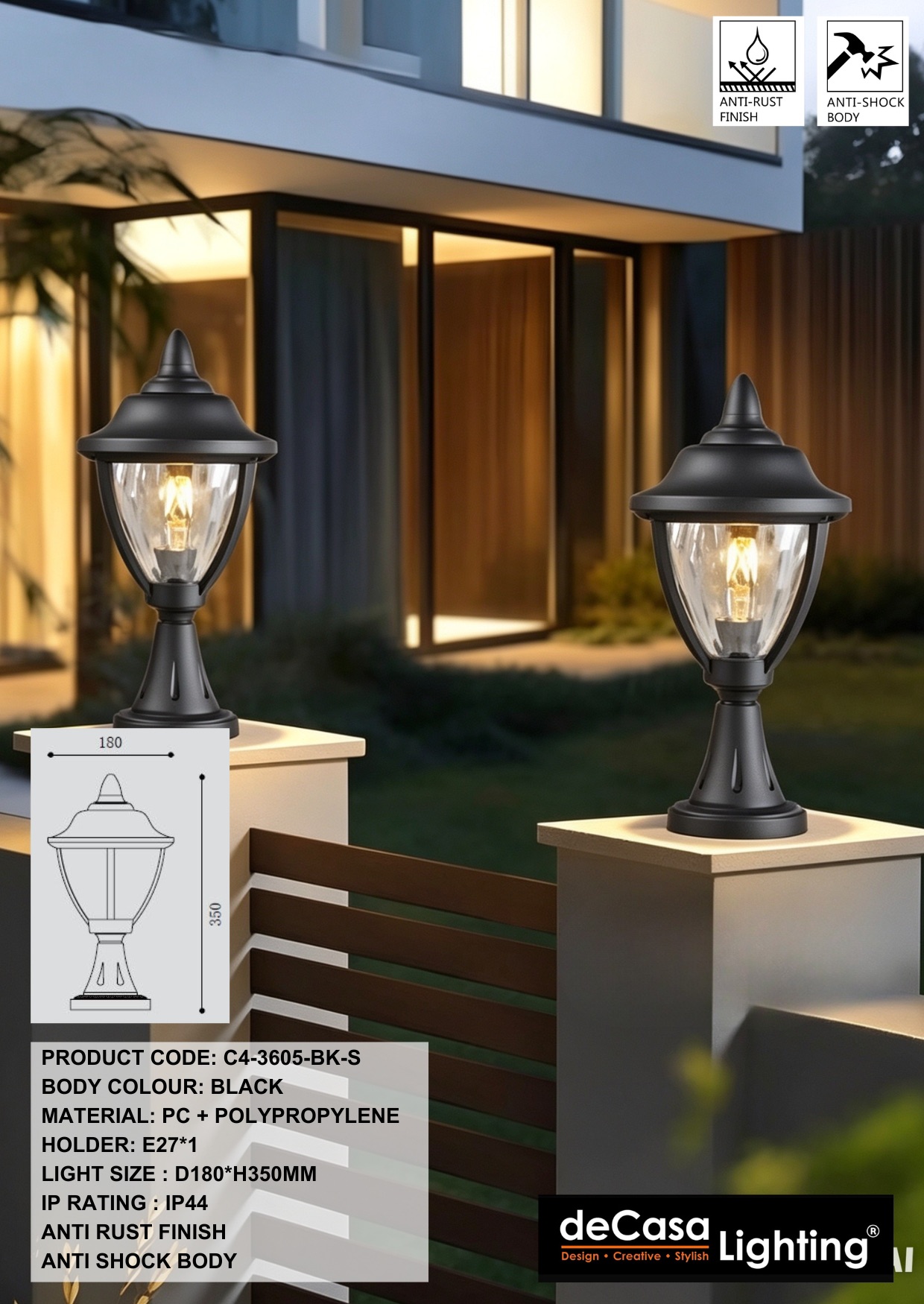 CLASSIC OUTDOOR PILLAR LIGHT / GATE LAMP  (3605-BK-S)