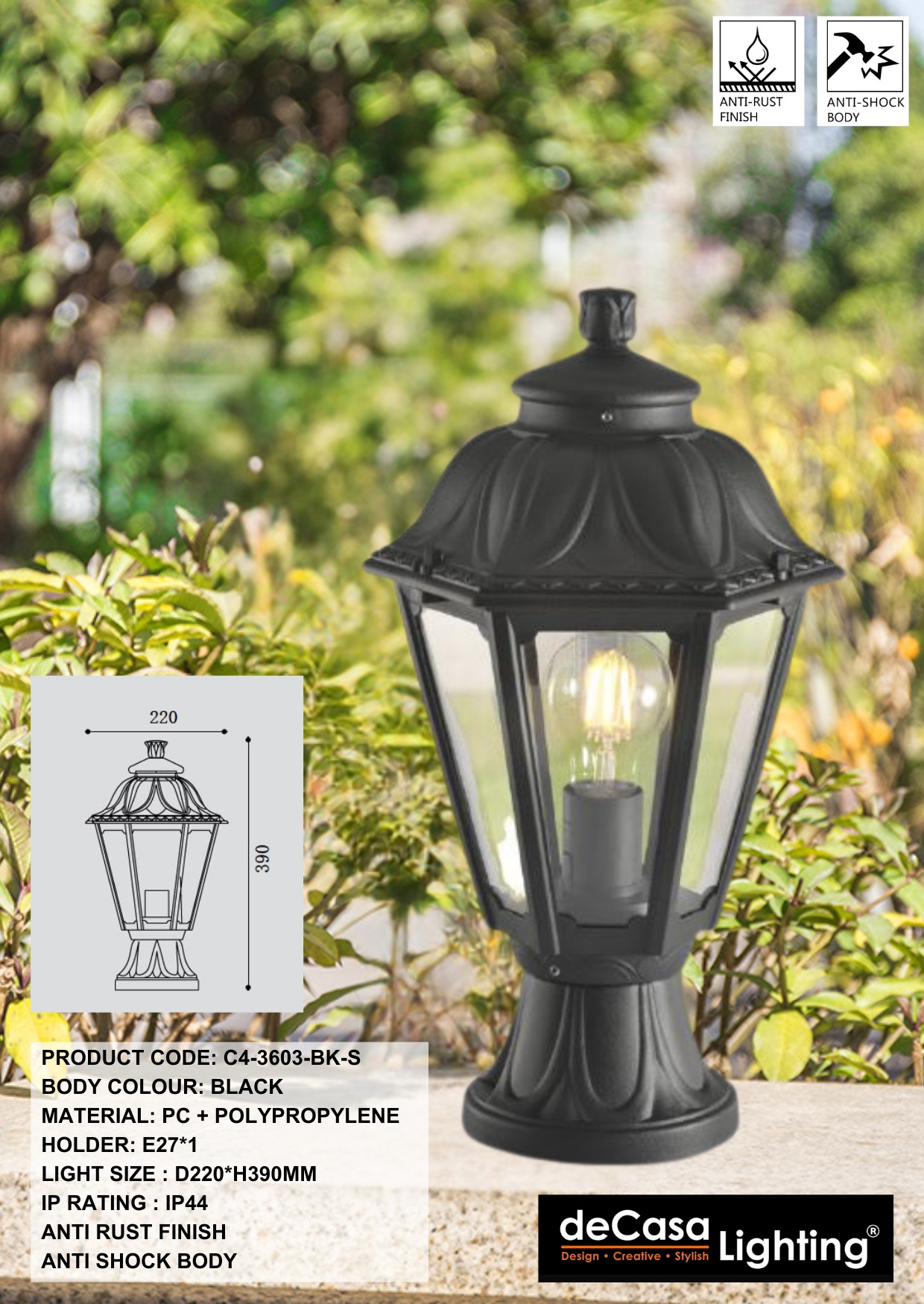 CLASSIC OUTDOOR PILLAR LIGHT / GATE LAMP (3603-BK-S)