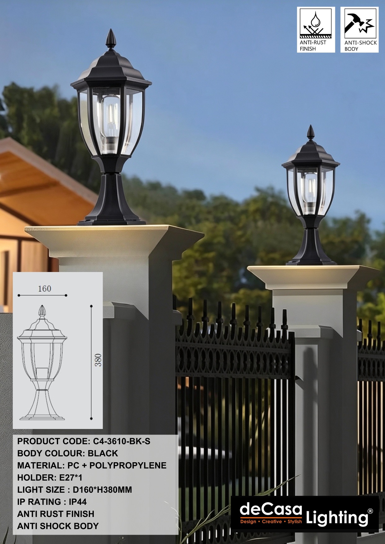 CLASSIC OUTDOOR PILLAR LIGHT / GATE LAMP (3610-BK-S)