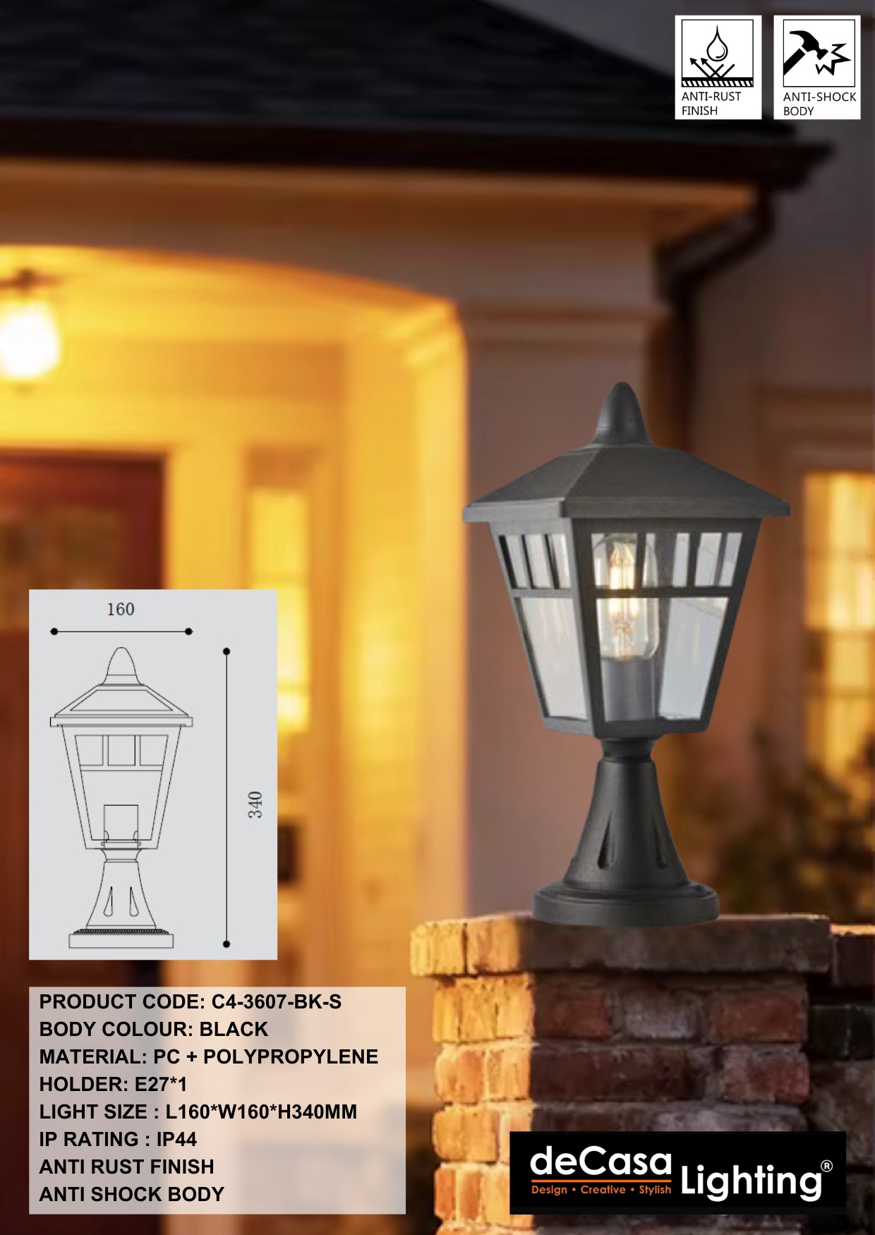 CLASSIC OUTDOOR PILLAR LIGHT / GATE LAMP (3607-BK-S)