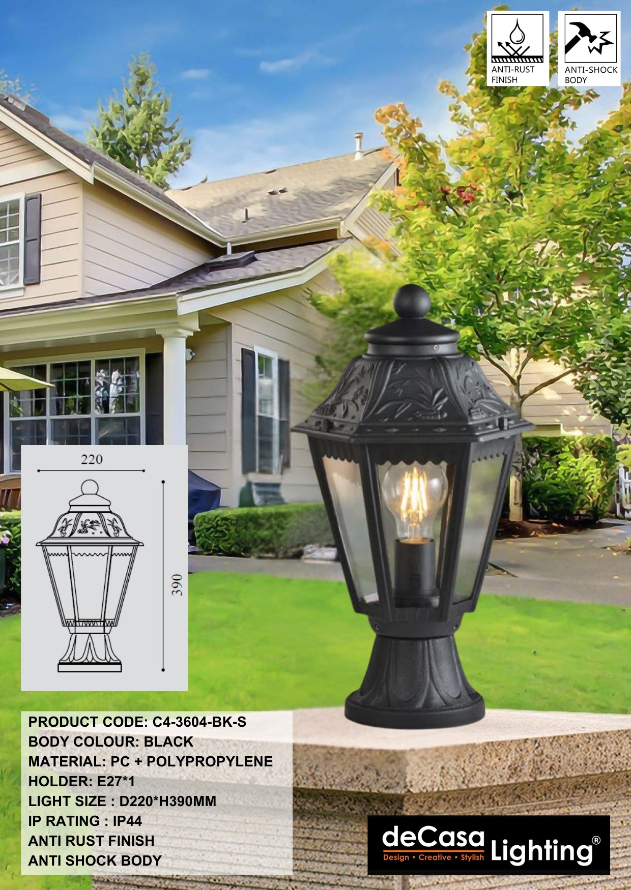 CLASSIC OUTDOOR PILLAR LIGHT / GATE LAMP (3604-BK-S)