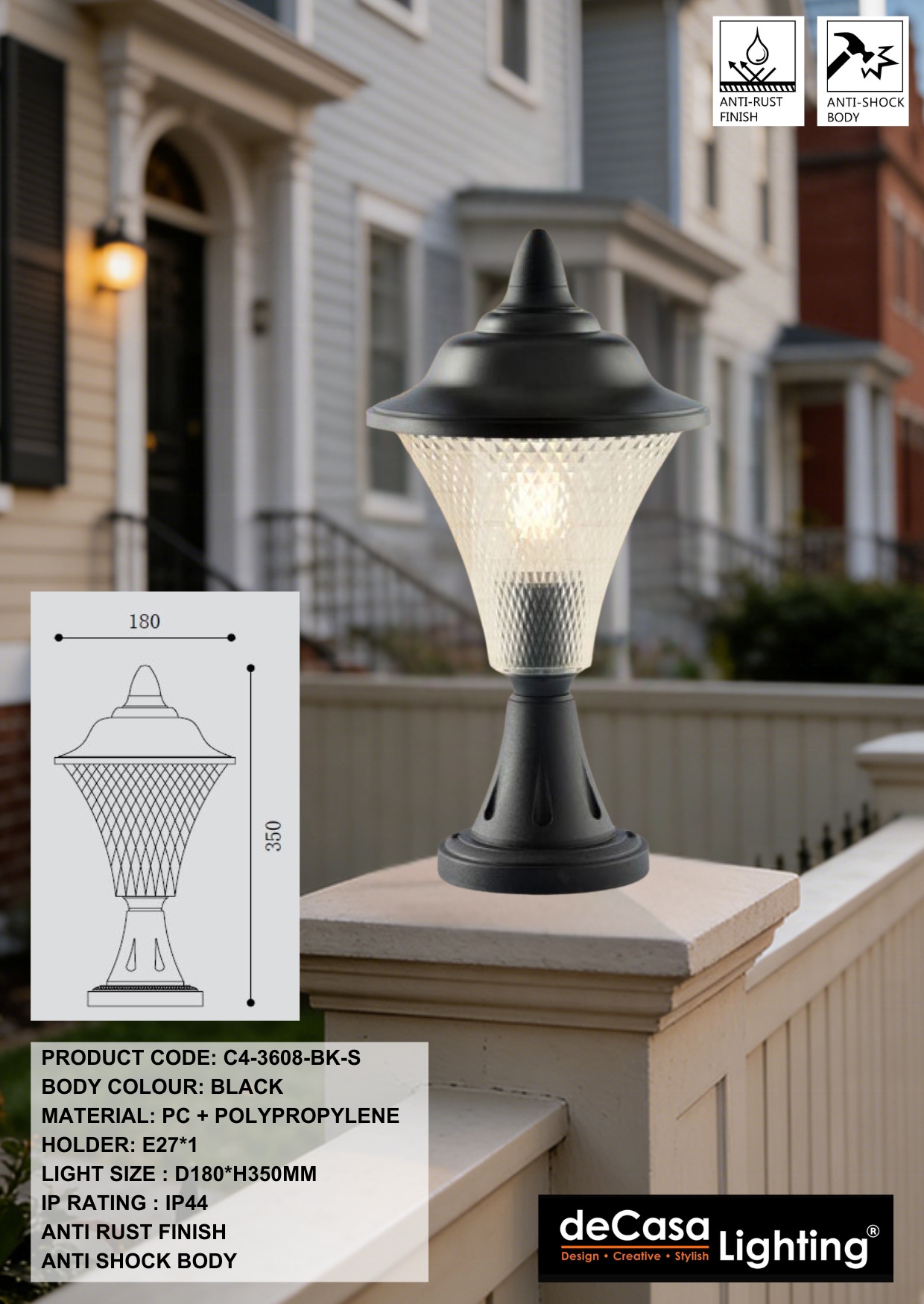 CLASSIC OUTDOOR PILLAR LIGHT / GATE LAMP (3608-BK-S)