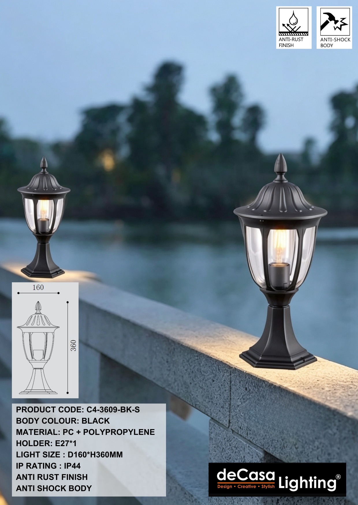 CLASSIC OUTDOOR PILLAR LIGHT / GATE LAMP (3609-BK-S)