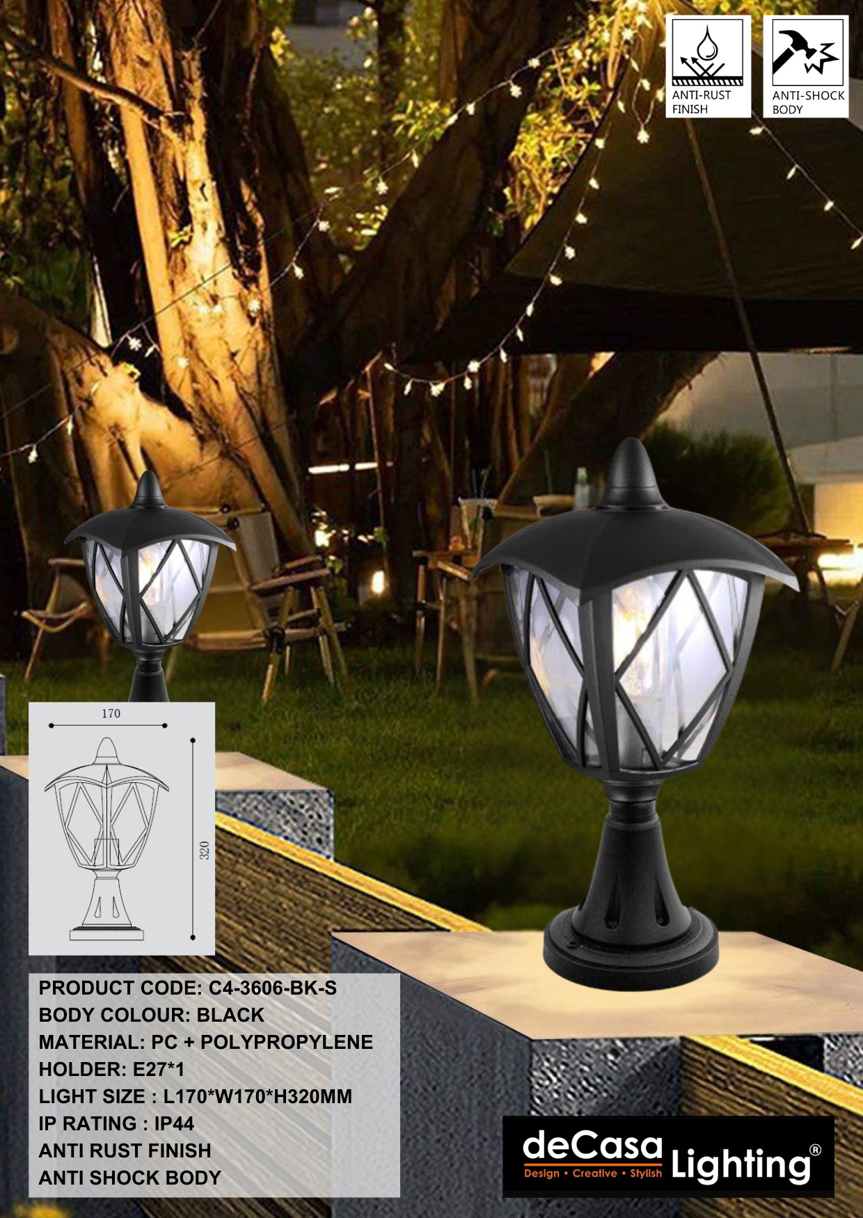 CLASSIC OUTDOOR PILLAR LIGHT / GATE LAMP (3606-BK-S)