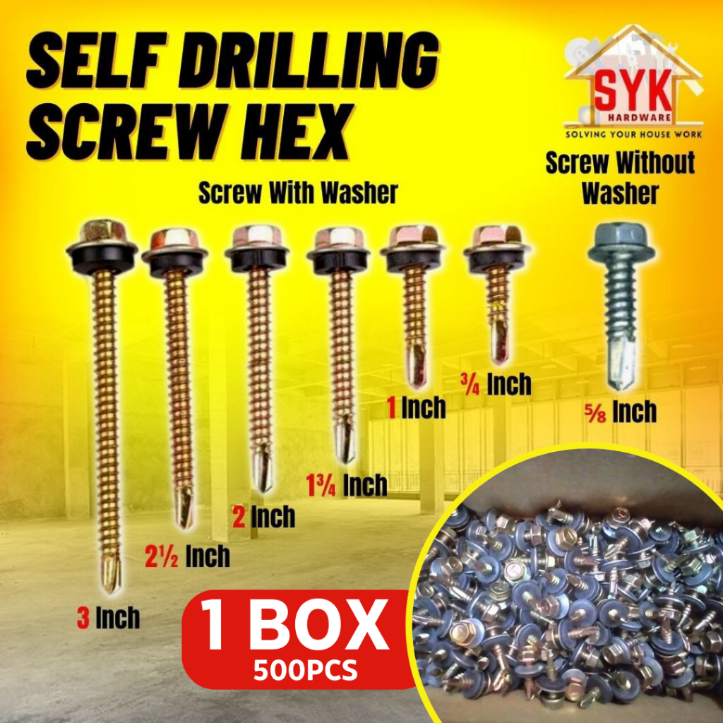SYK Self Drilling Screw Hex With Screw Washer Without Washer 1Box 500Pcs 1000Pcs Hex Screw Home Diy Tools Skru Washer