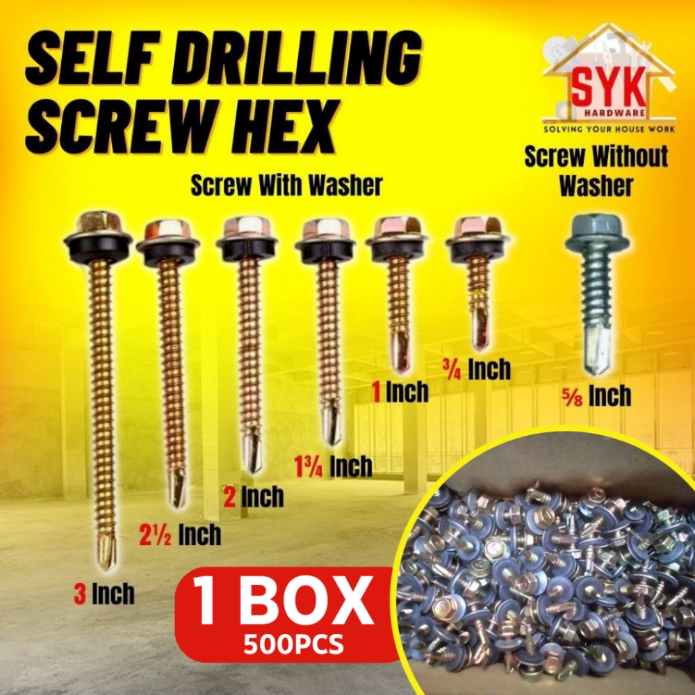 SYK Self Drilling Screw Hex With Screw Washer Without Washer 1Box 500Pcs 1000Pcs Hex Screw Home Diy Tools Skru Washer