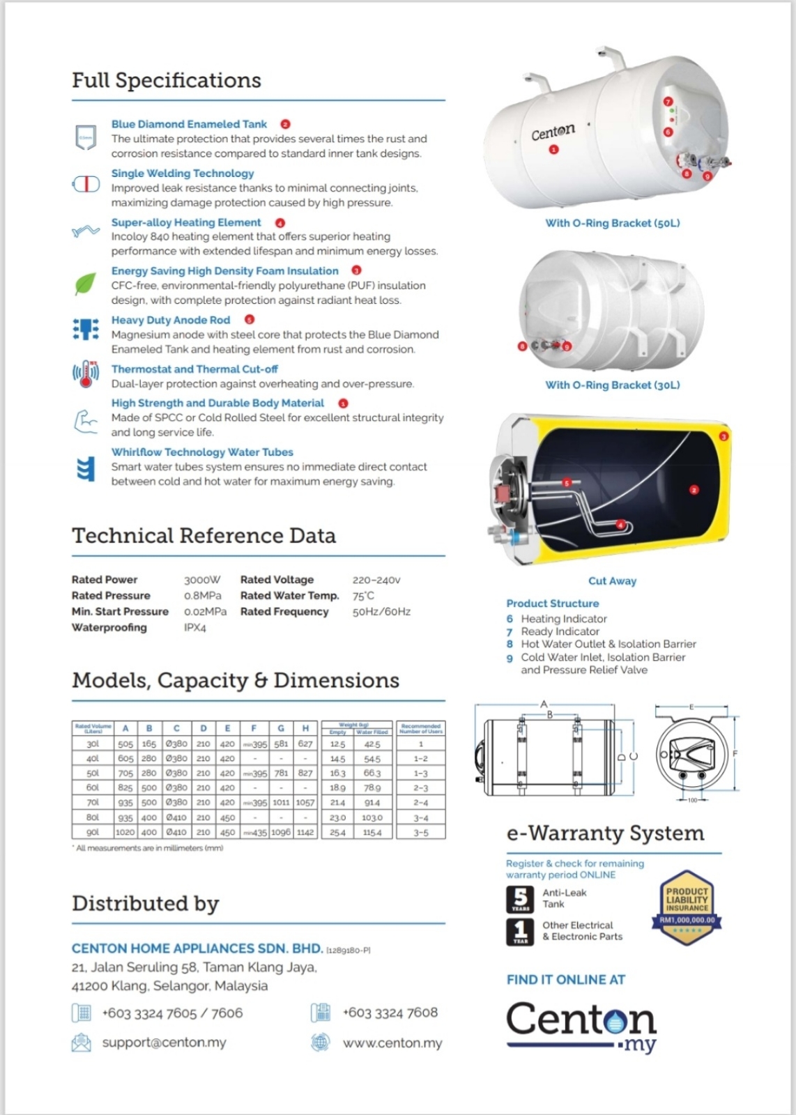 Centon Nepture Series Blue Diamond Electric Storage Water Heater