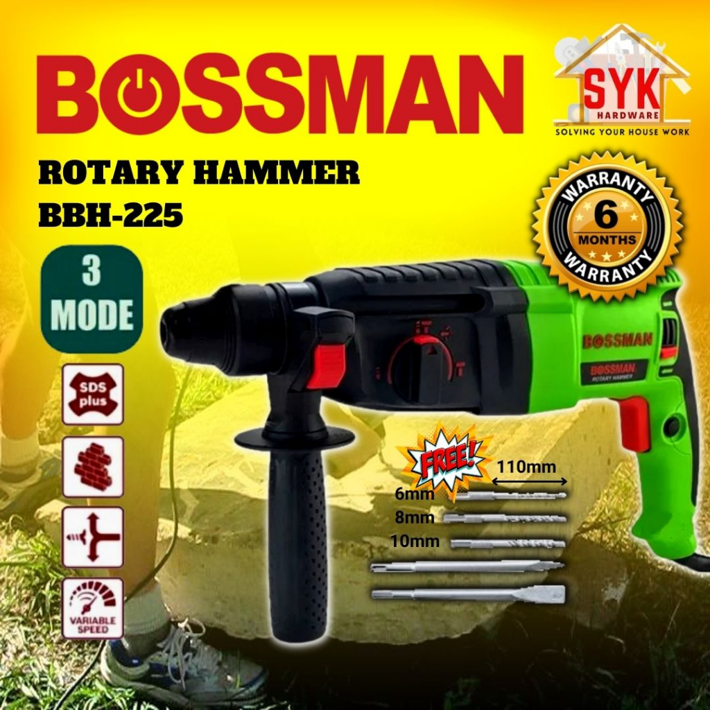 SYK BOSSMAN BBH-225 Rotary Impact Hammer Drill 3 Mode Heavy Duty Power Tools Gerudi Elektrik