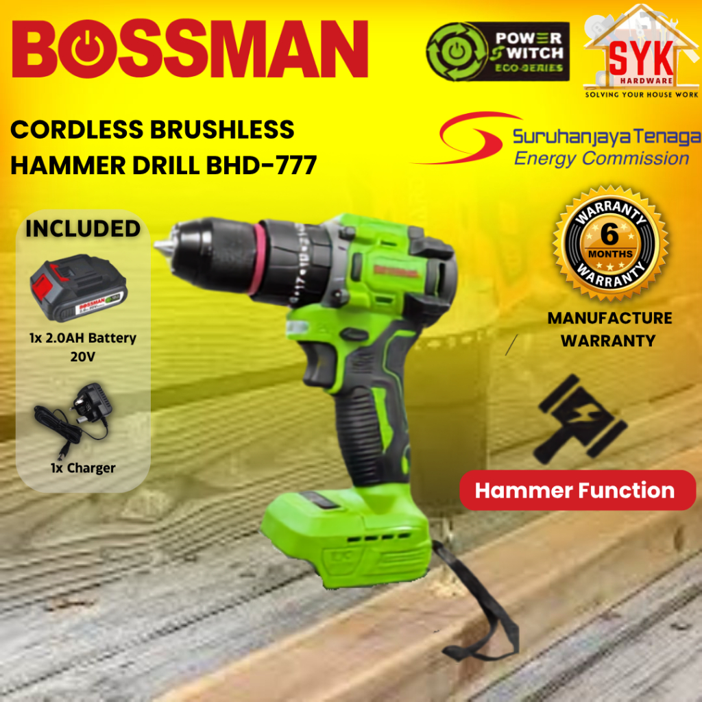 SYK(FREE SHIPPING)Bossman BHD-777 Cordless Brushless Hammer Drill Impact Battery Drill Power Tools Mesin Gerudi Kayu