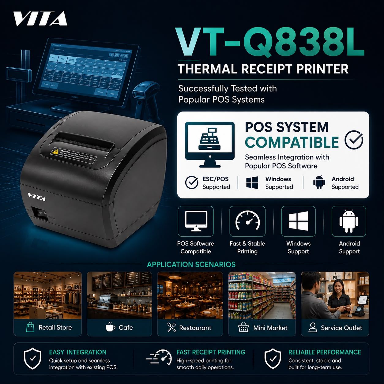 VT-Q838L Thermal Receipt Printer Compatible with Popular POS Systems