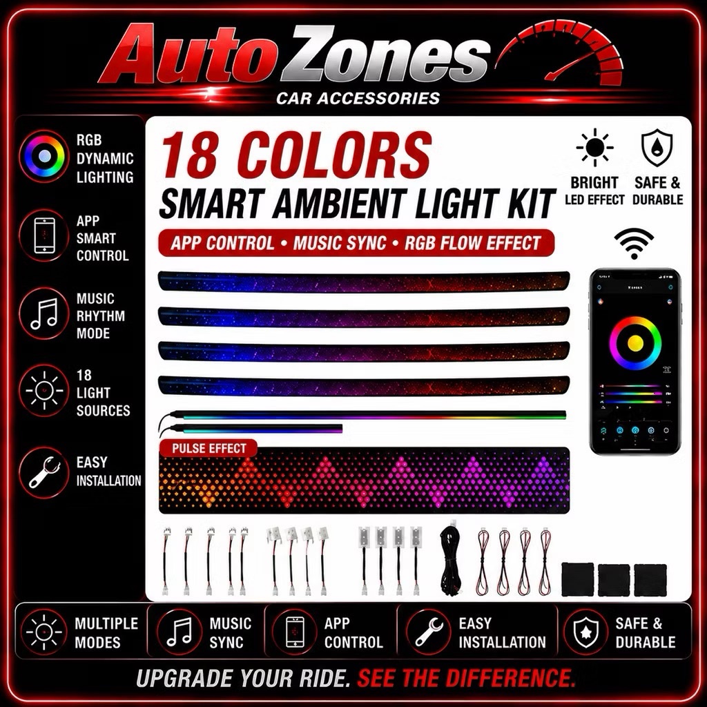Universal CAR Ambient Light RGB LED Interior Atmosphere Lighting Kit – Smart Multi-Color Dashboard, Door & Footwell Accent Lights