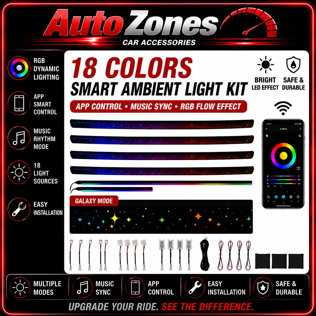 CAR Ambient Light LED Interior Lighting Kit – Multi-Color RGB Ambient Light Strip for Car Dashboard, Door Panels & Footwell Decoration