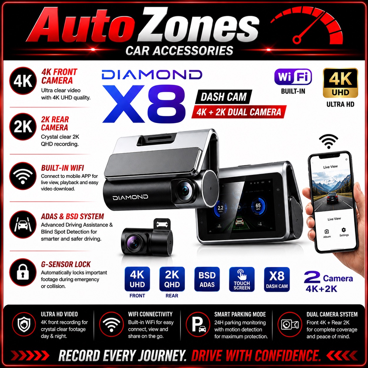 DIAMOND X8 Dash Cam 4K Front + 2K Rear Dual Camera WiFi Touch Screen ADAS BSD Parking Monitor Car DVR Recorder