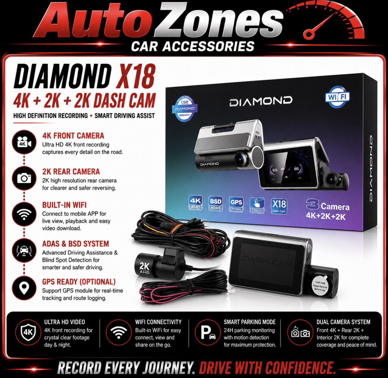 DIAMOND X18 Dash Cam 4K Front + 2K Rear + 2K Interior Triple Camera WiFi Touch Screen ADAS BSD Parking Monitor Car DVR Recorder