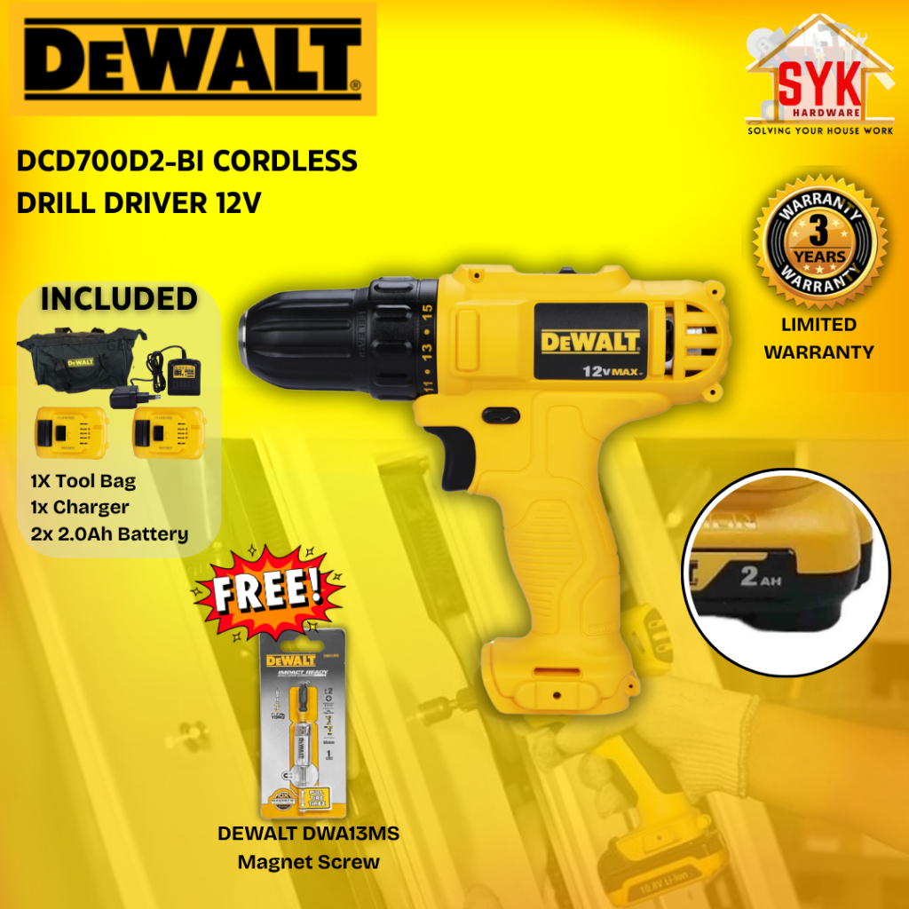 SYK Dewalt DCD700D2-B1 Cordless Drill Driver Cordless Drill Battery Machine Drill Wood Metal Mesin Drill Bateri