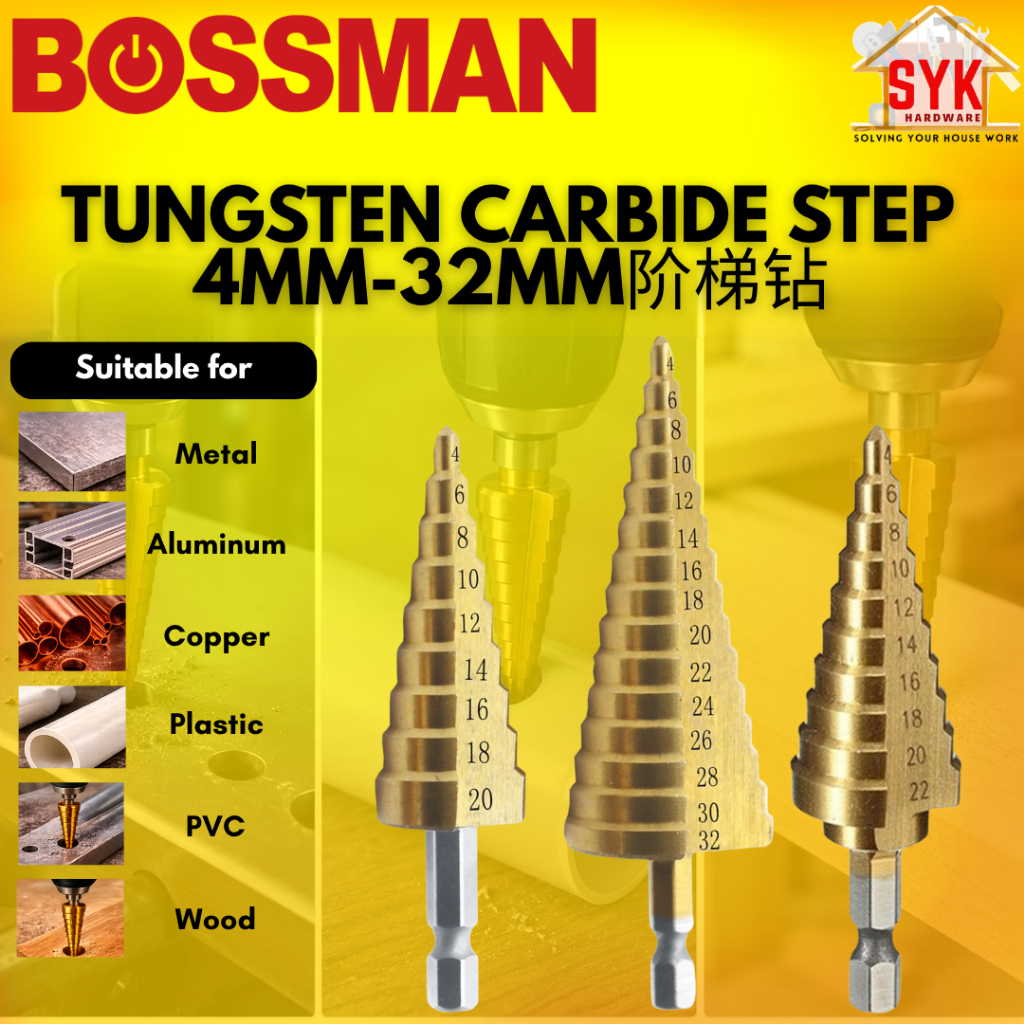 SYK Bossman Tungsten Carbide Step BDS432 4-32mm / BDS422 4-22mm / BDS420 4-20mm 阶梯钻 Step Wood Metal Cone Drill Bit