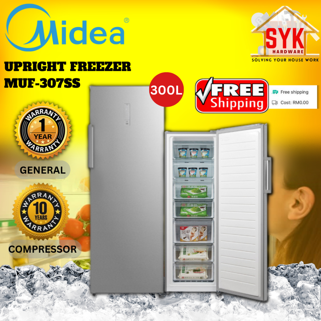SYK Midea MUF-307SS Upright Freezer Refrigerator Single Door Fridge Kitchen Appliances Peti Sejuk
