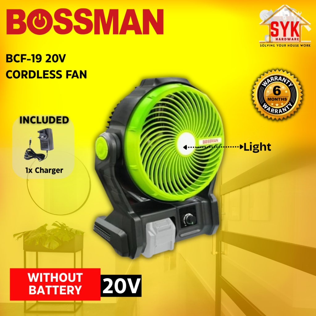 SYK Bossman BCF-19 BCF19 Cordless Fan Battery Air Fan Home Appliances Cooling Fan Kipas Bateri Kipas Angin Kuat 20V