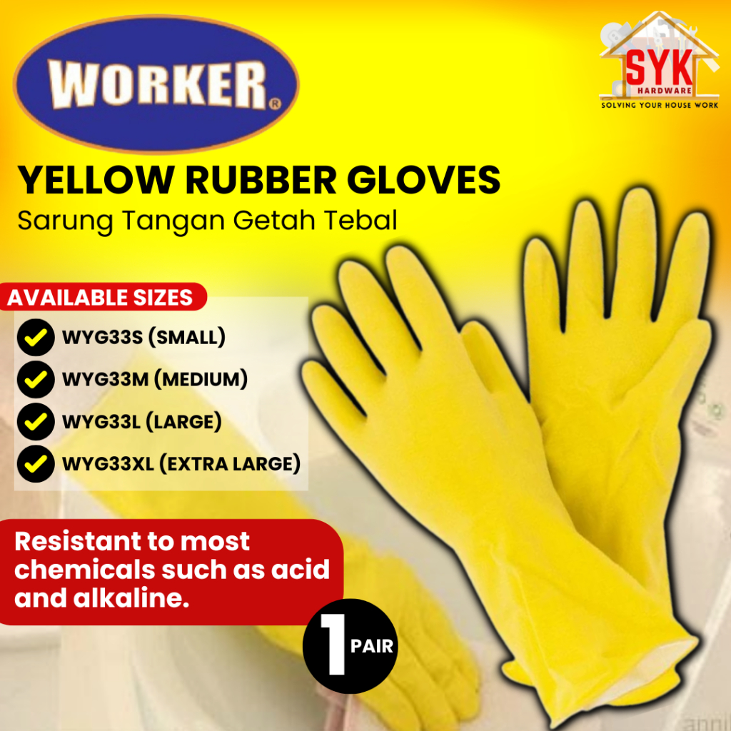 SYK WORKER WYG33S WYG33M WYG33L WYG33XL Yellow Rubber Glove Chemical Resistant Industrial Hand Glove Latex Rubber Glove