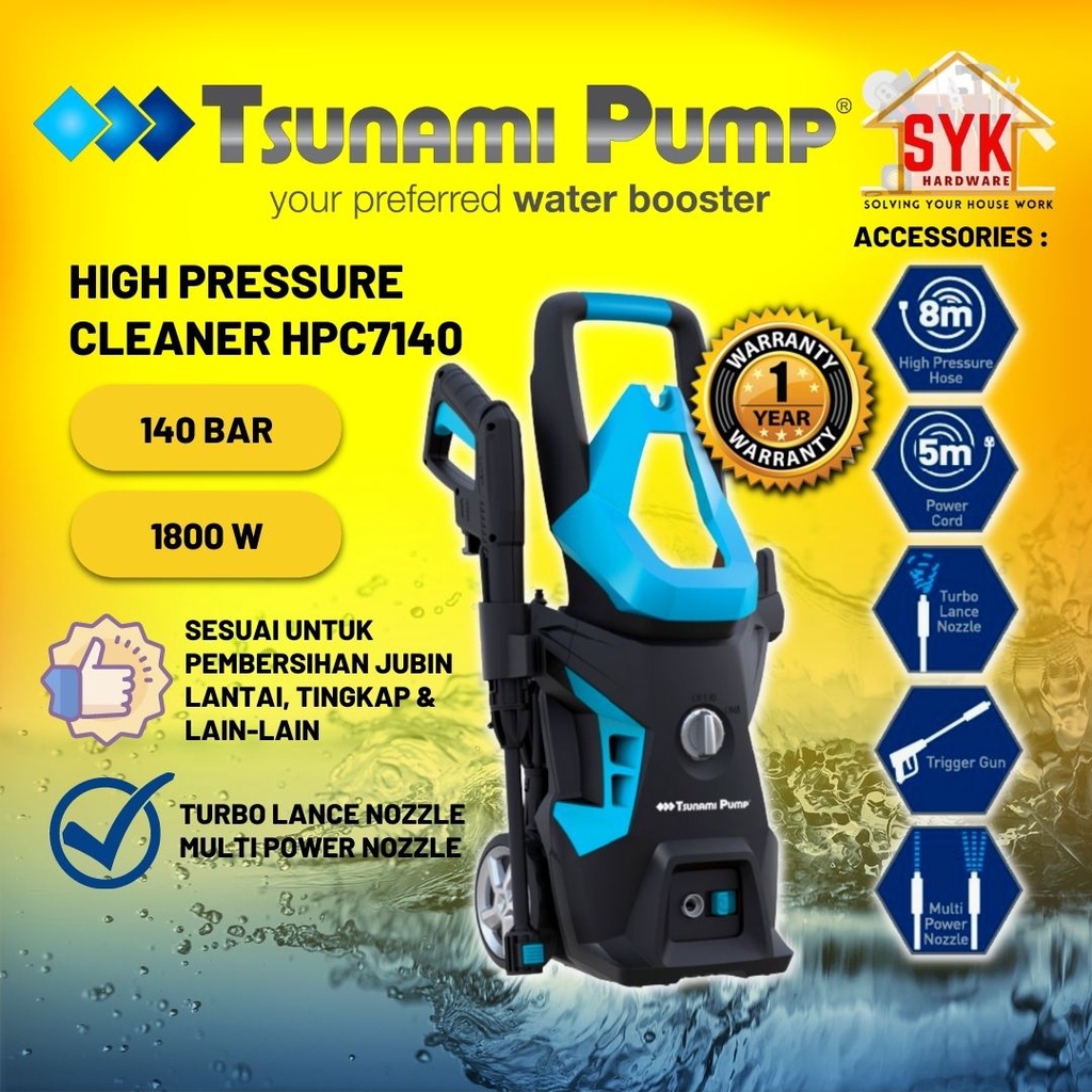 SYK TSUNAMI HPC7140 High Pressure Water Jet High Pressure Cleaner Pencuci Kereta Halaman Basuh Lantai  - 1800W