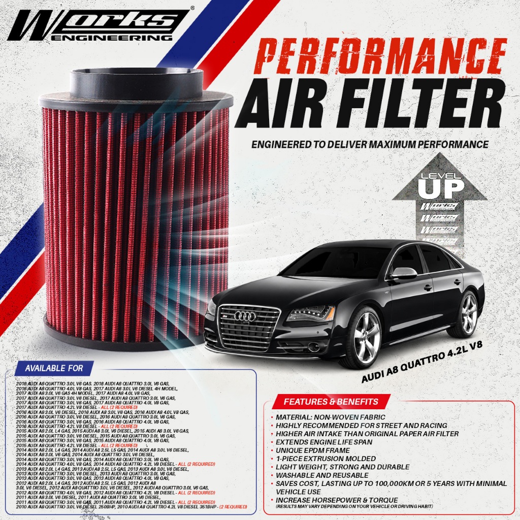 WORKS ENGINEERING Air Filter for AUDI A8 / A8 QUATTRO (2010-2018)(A8 QUATTRO 4.2L V8 NEED 2PCS)