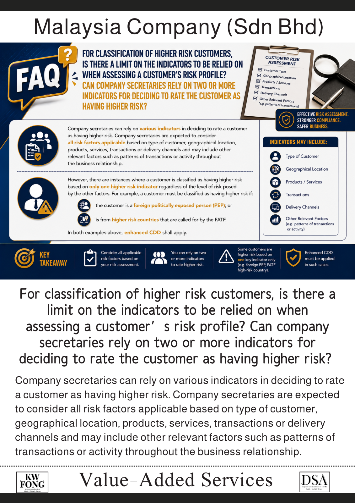 For classification of higher risk customers, is there a limit on the indicators to be relied on when assessing a customer’s risk profile? Can company secretaries rely on two or more indicators for deciding to rate the customer as having higher risk? 在
