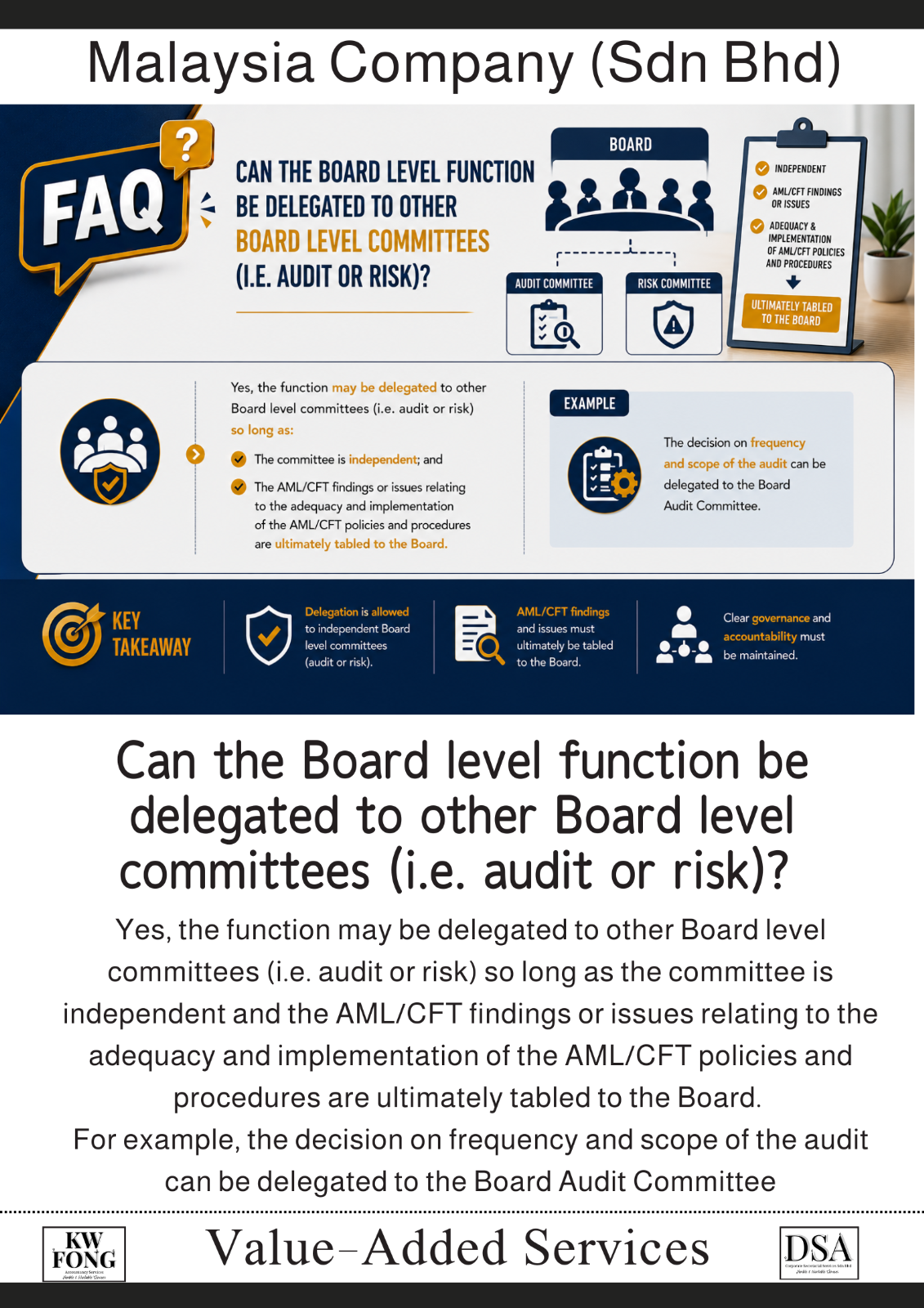 Can the Board level function be delegated to other Board level committees (i.e. audit or risk)?  董事会（Board）层面的 AML/CFT 职责是否可以委派给其他董事会委员会（例如审计委员会或风险管理委员会）？