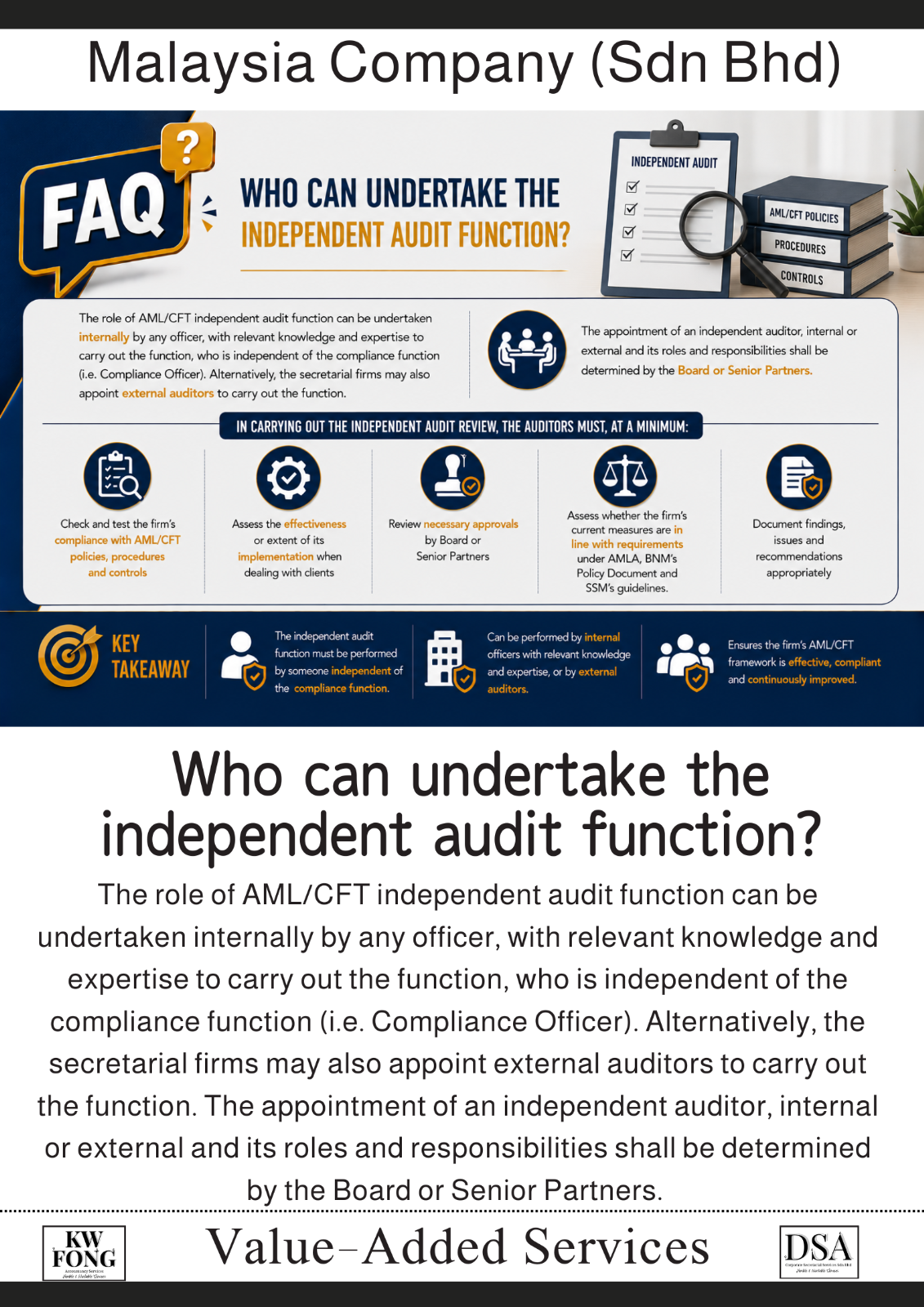 Who can undertake the independent audit function?  谁可以执行 AML/CFT 独立审计职能（Independent Audit Function）？