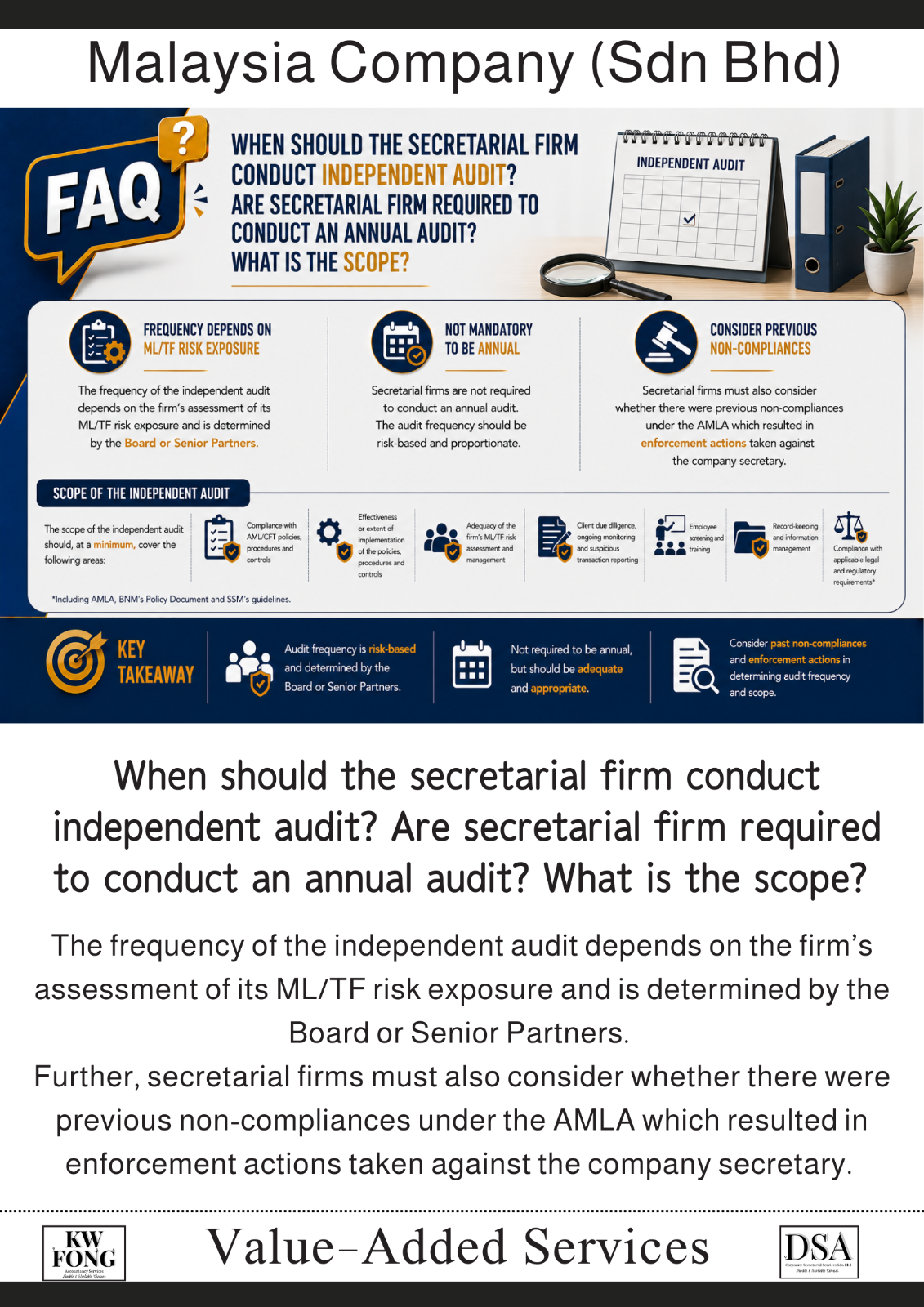 When should the secretarial firm conduct independent audit? Are secretarial firm required to conduct an annual audit? What is the scope? Independent Audit