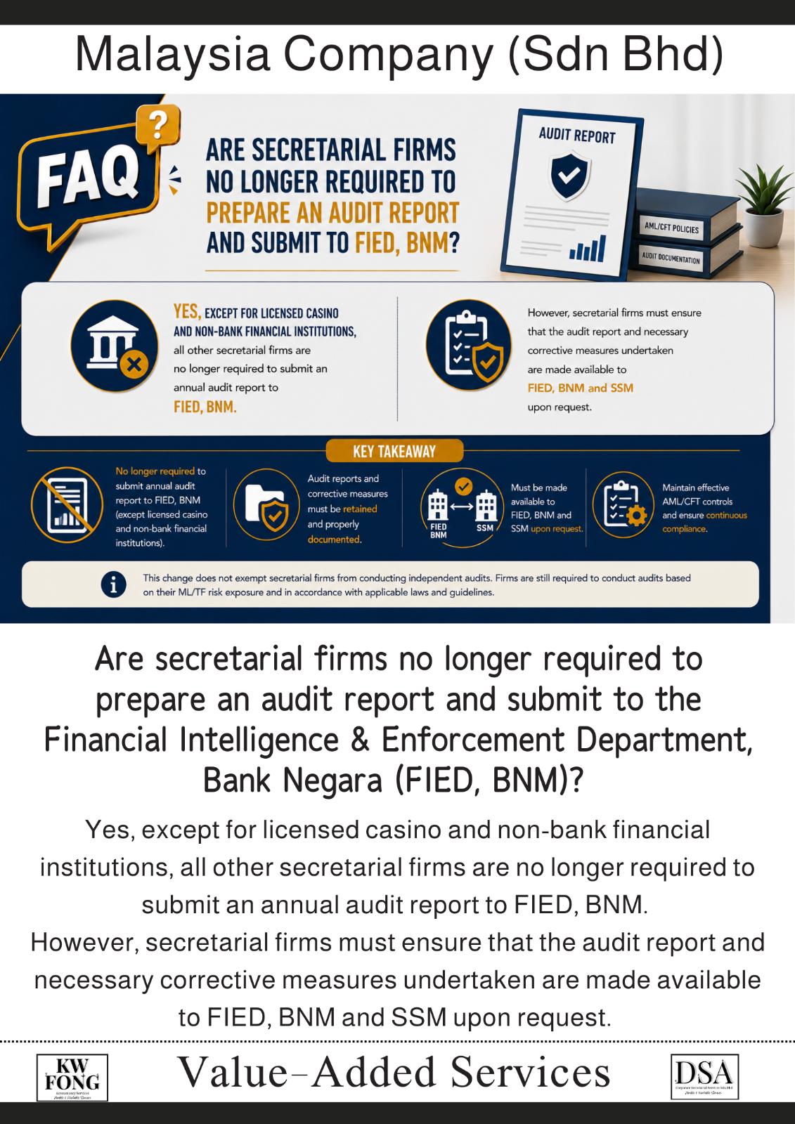 Are secretarial firms no longer required to prepare an audit report and submit to the Financial Intelligence & Enforcement Department, Bank Negara (FIED, BNM)? 公司秘书事务所是否已不再需要编制并提交 AML/CFT 审计报告（Audit Rep