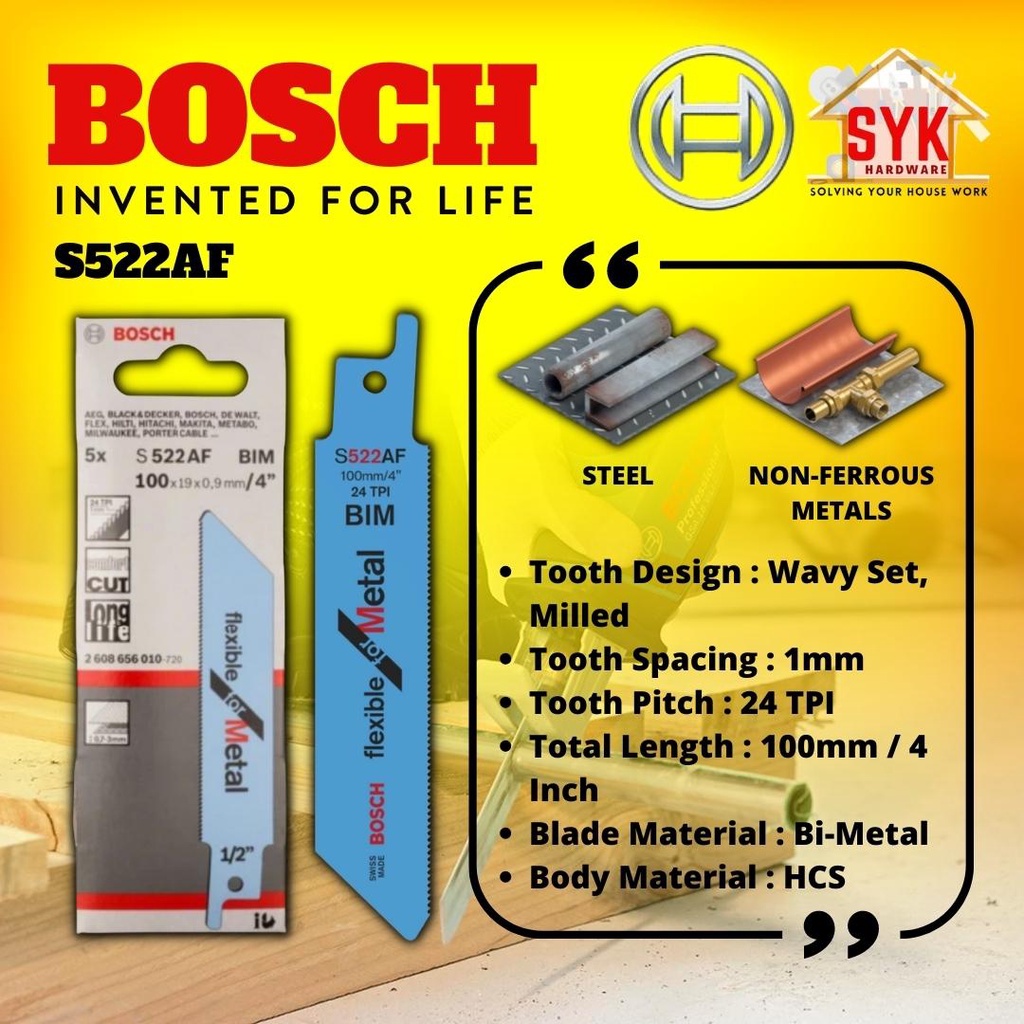SYK BOSCH Flexible For Metal Reciprocating Saw Blade S522AF/ S1122BF/ S927BEF/ S1137BEF/ S1136CHF/ S1126BEF/ S1122EF/ S1