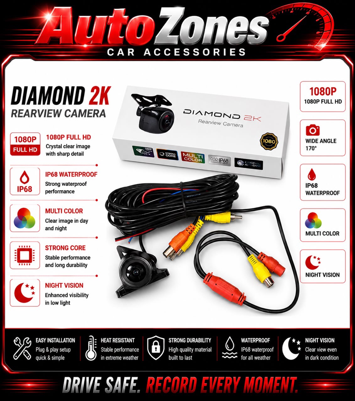 NEW 2K HD Reverse Camera Ultra Clear Night Vision Waterproof 170掳 Wide Angle Universal Car Rear View Backup Parking Camera 12V
