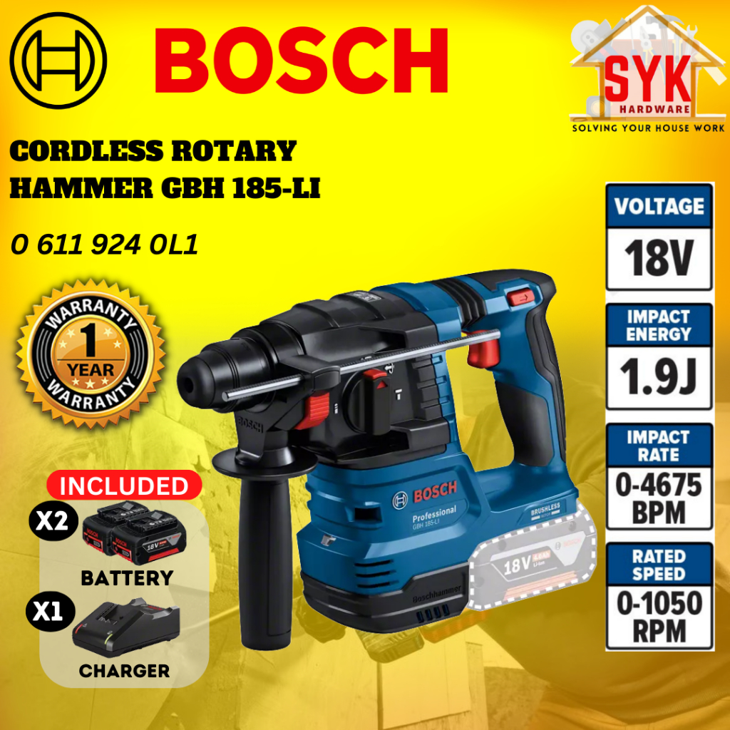 SYK Bosch GBH 185-LI GBH185-LI 18v Cordless Rotary Hammer Drill 18v Mesin Tebuk Gerudi Dinding 06119240L1