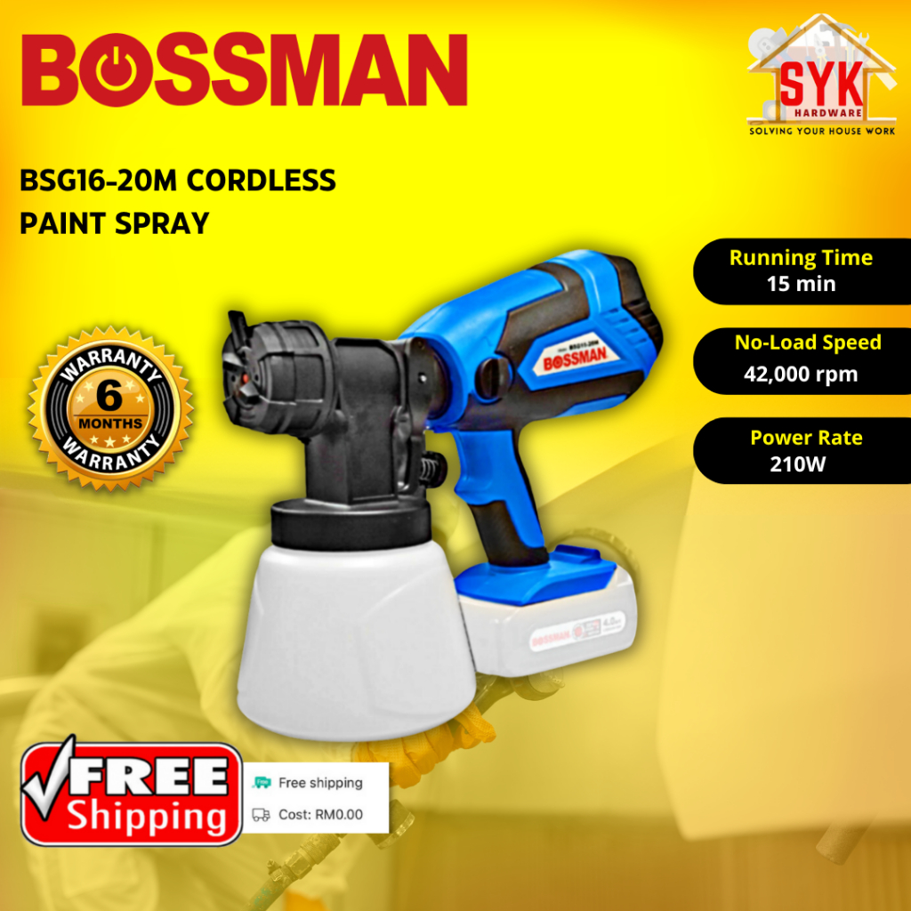 SYK (Free Shipping) BOSSMAN BSG16-20M Cordless Paint Spray Gun Battery 1000ml 20V Paint Sprayer Penyembur Cat